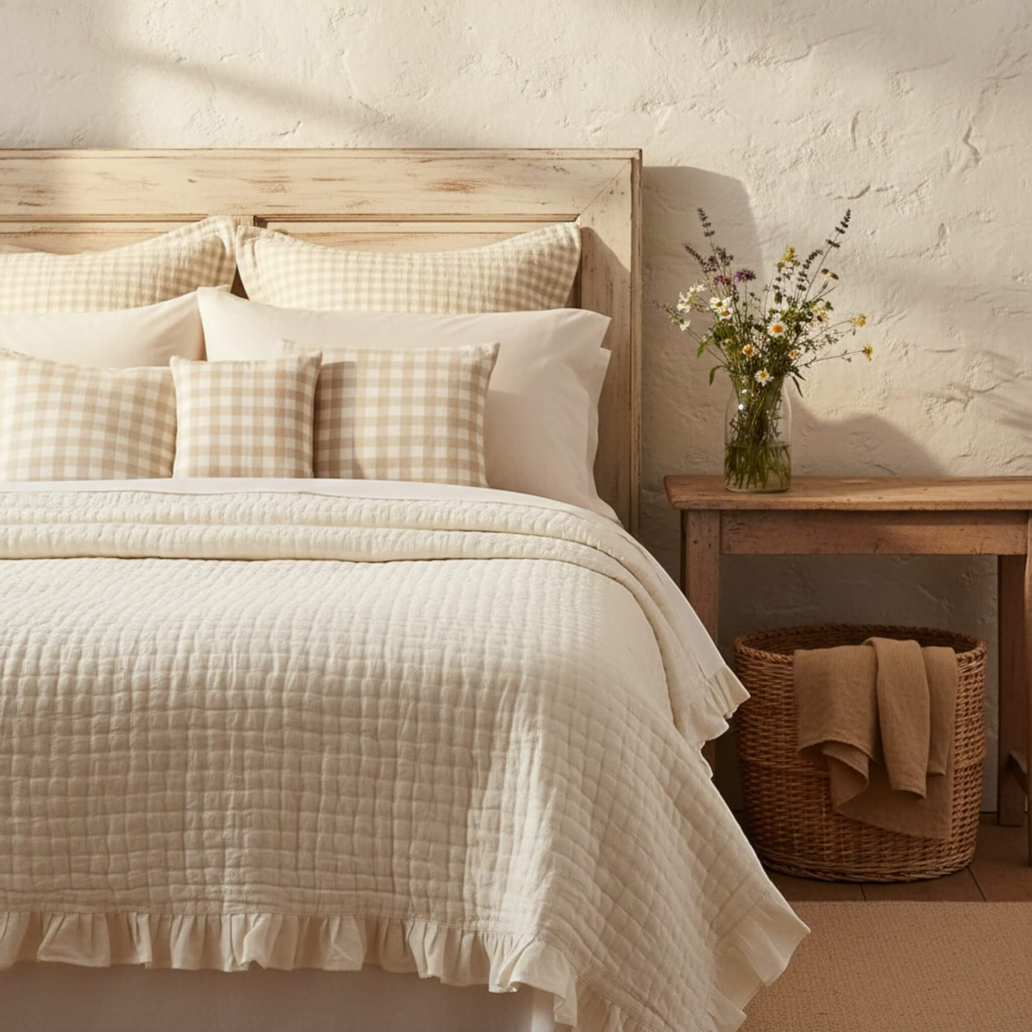 Ruffle Linen Quilted Blanket, Vintage Bed Blanket