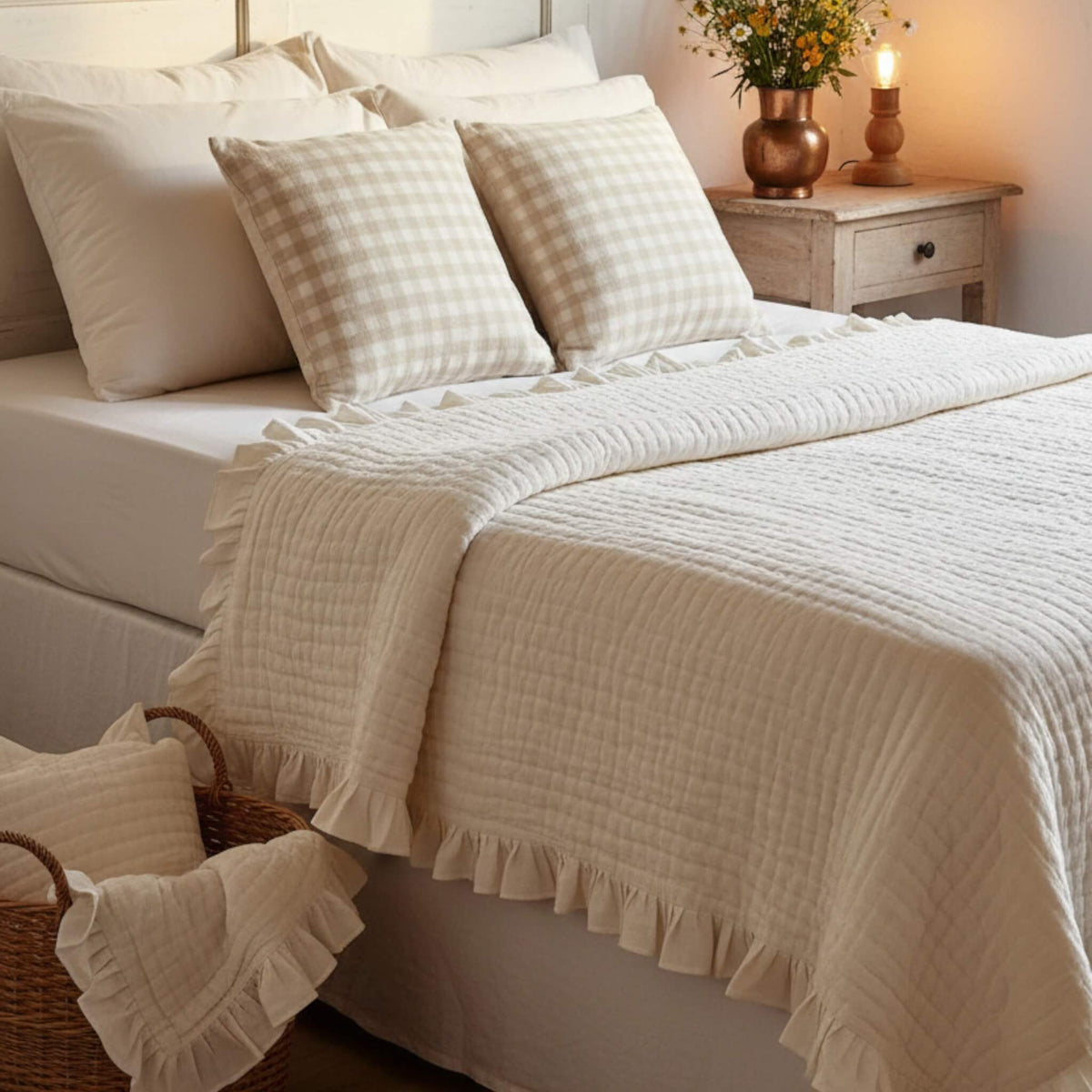 Ruffle Linen Quilted Blanket, Vintage Bed Blanket