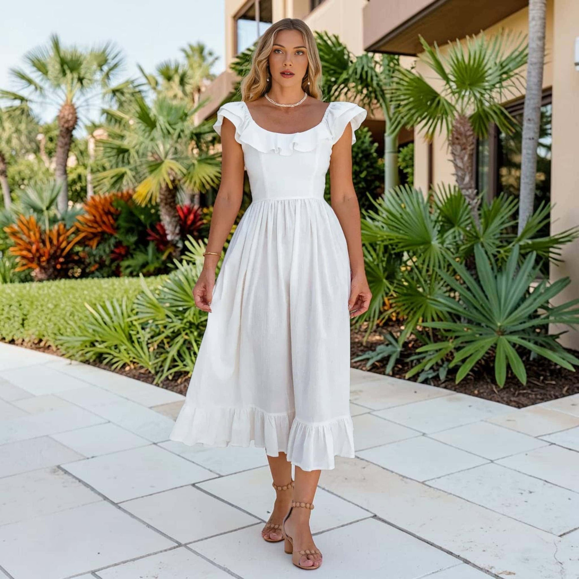 Ruffle Strap Linen Midi Dress, Ruffle Hem Smocked Back