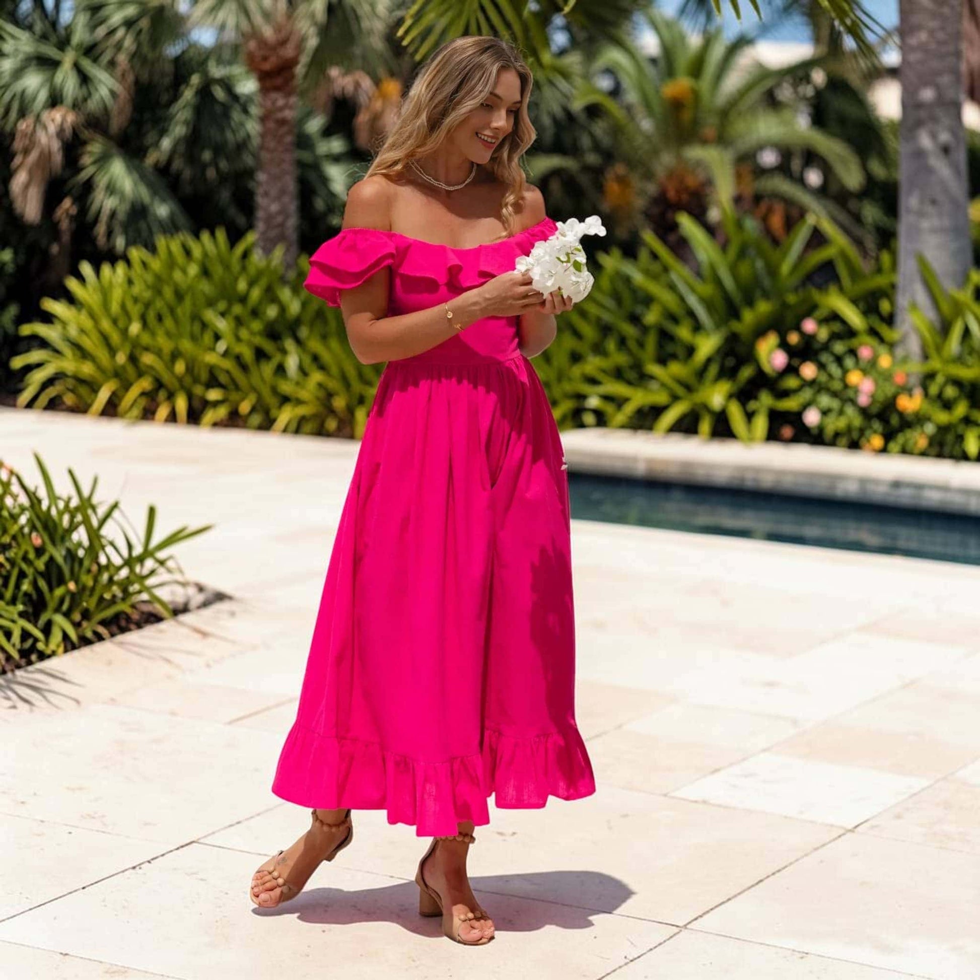 Ruffle Strap Linen Midi Dress, Ruffle Hem Smocked Back
