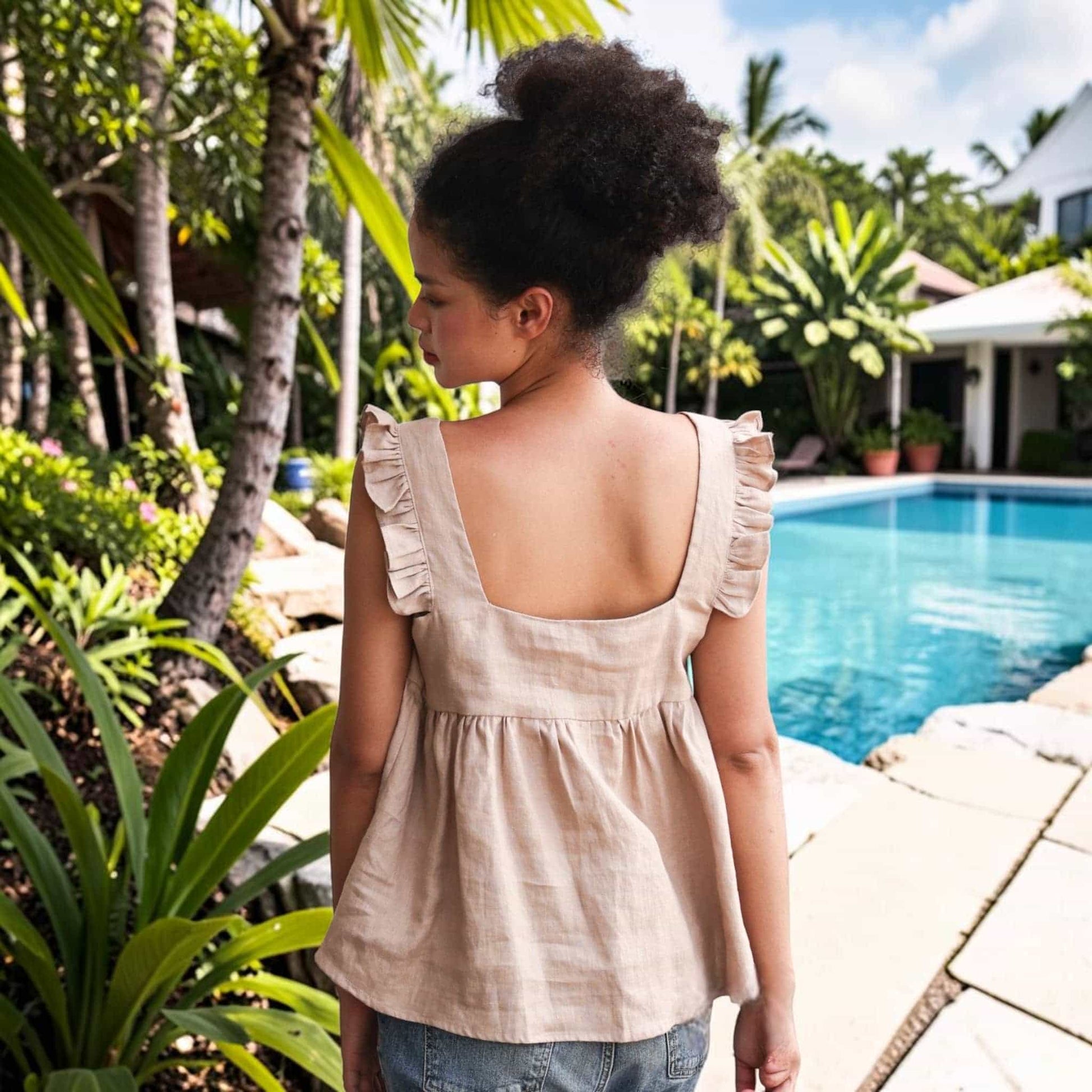 Ruffle Strap Linen Peplum Top, Square Neckline