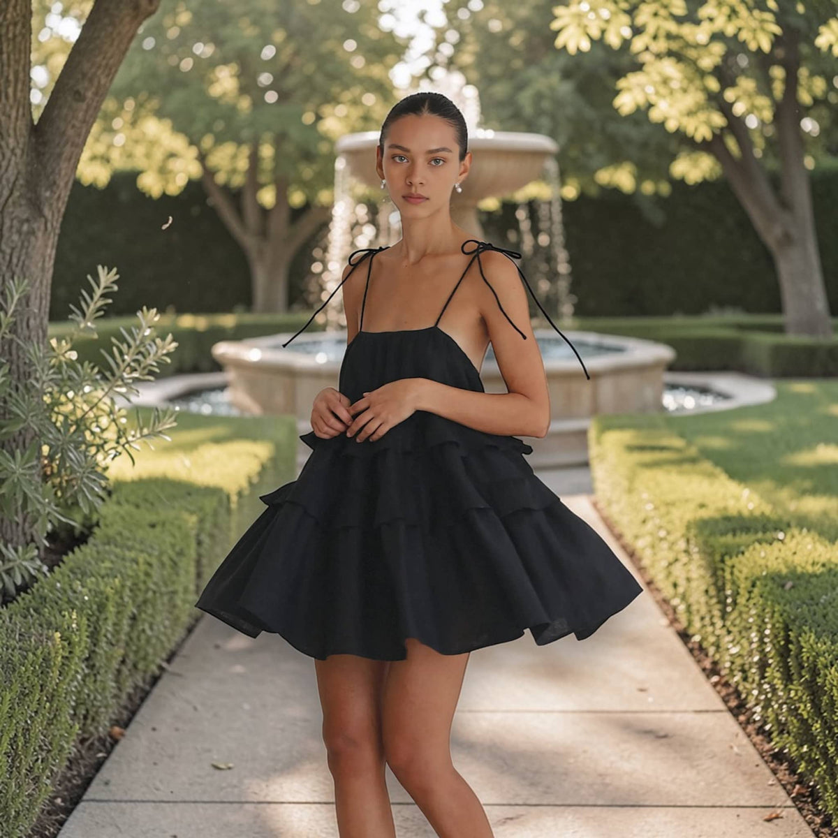Ruffle Tiered Mini Dress, Linen Spaghetti Strap Dress