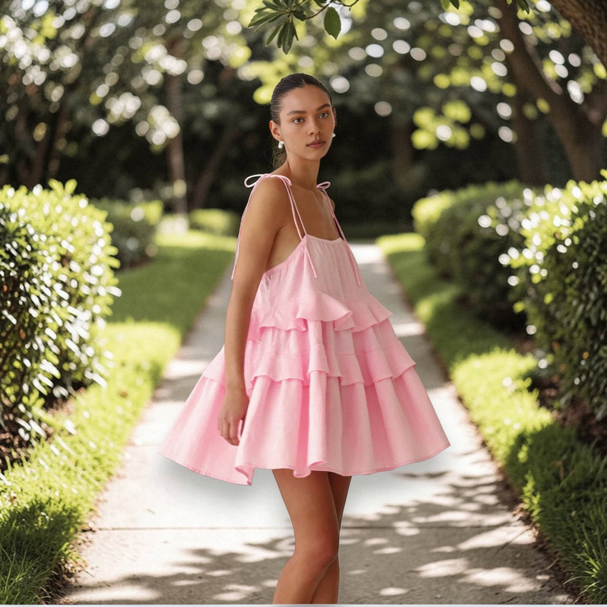 Ruffle Tiered Mini Dress, Linen Spaghetti Strap Dress
