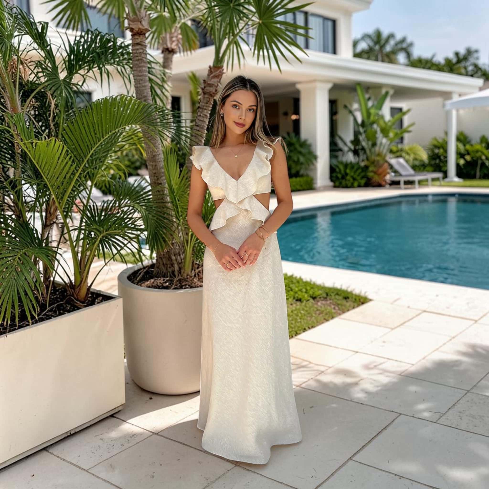 Ruffle Trim Linen Maxi Dress, Side-Cutout Tie Back