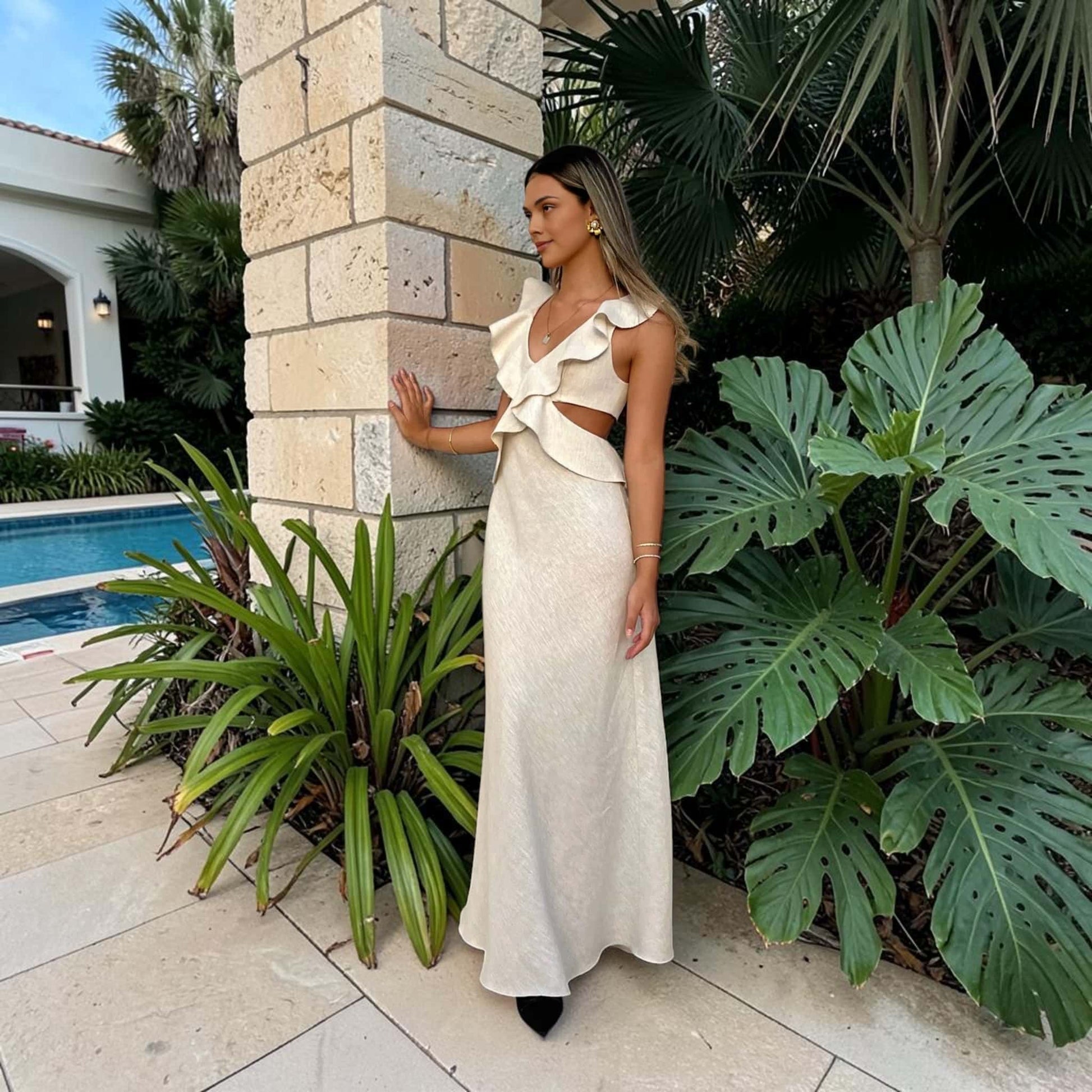Ruffle Trim Linen Maxi Dress, Side-Cutout Tie Back