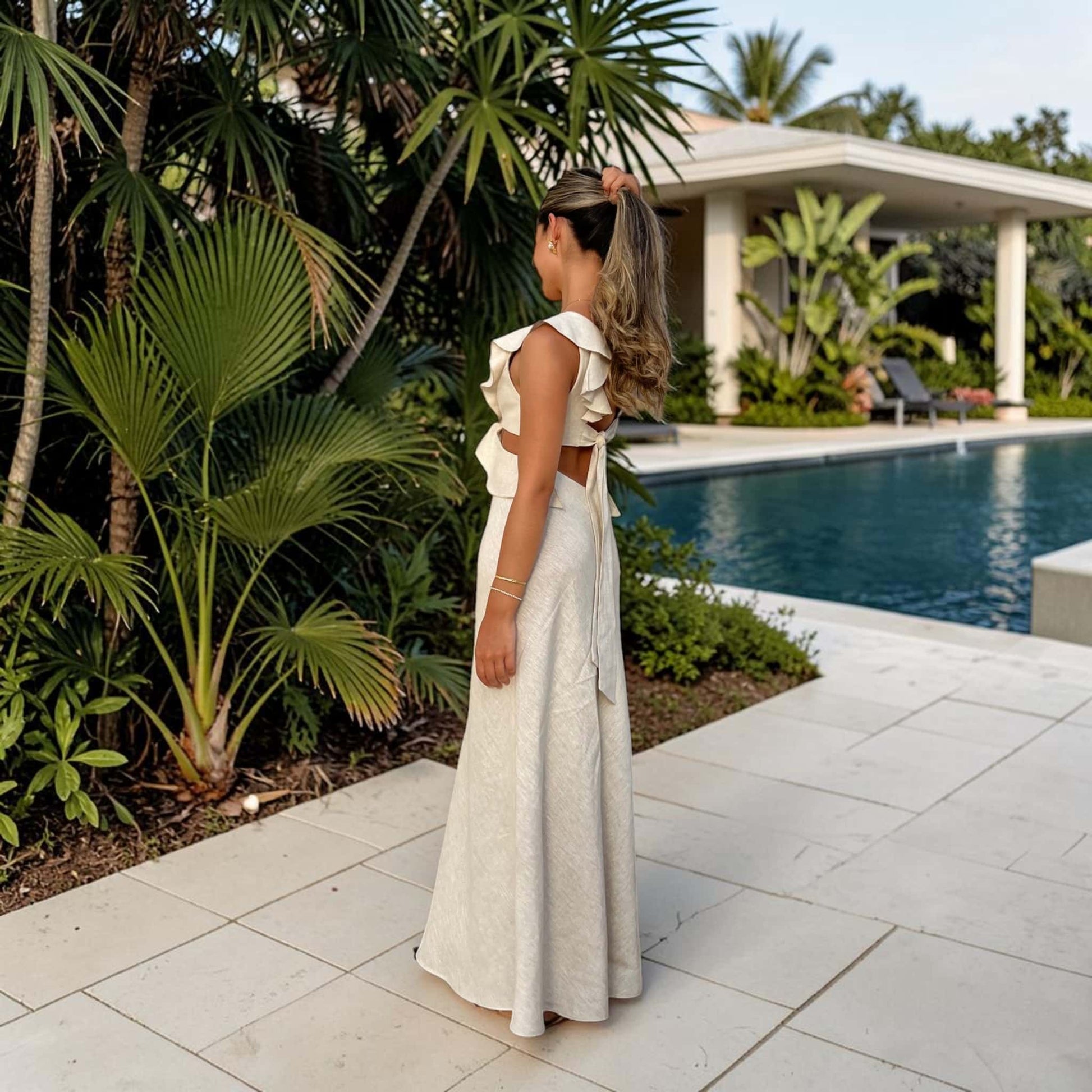 Ruffle Trim Linen Maxi Dress, Side-Cutout Tie Back