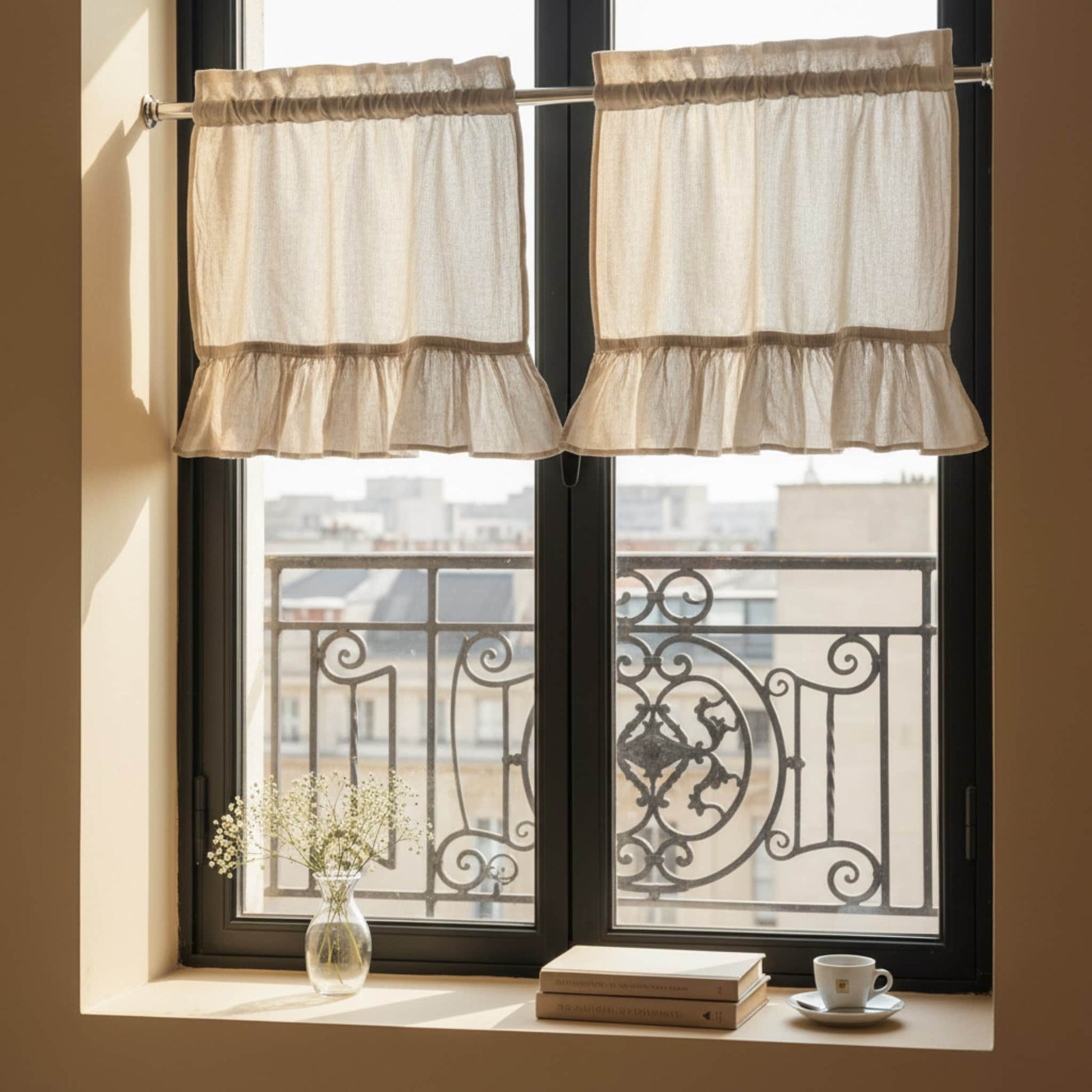 Ruffled Linen Cafe Curtain, Linen Cafe Curtains For Kitchen​