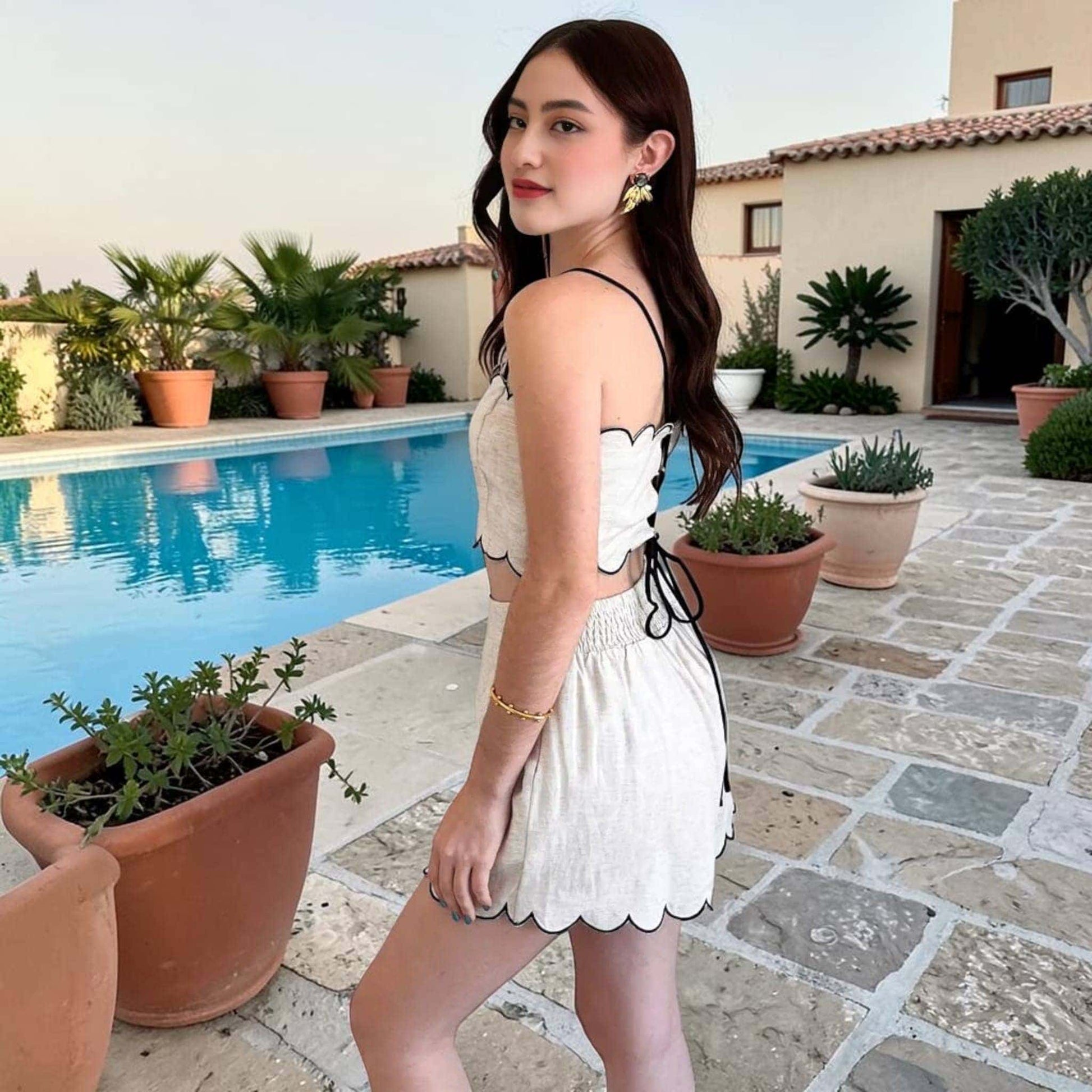 Scalloped Linen Shorts Set, Contrast Piping Crop Top And High Waisted Shorts 