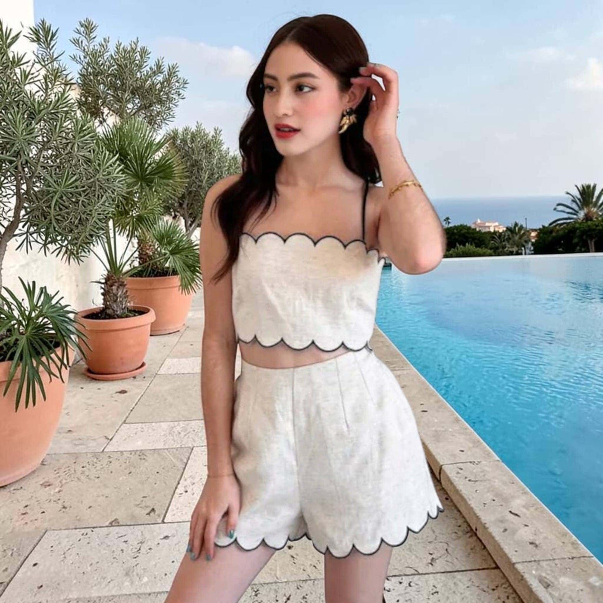 Scalloped Linen Shorts Set, Contrast Piping Crop Top And High Waisted Shorts 