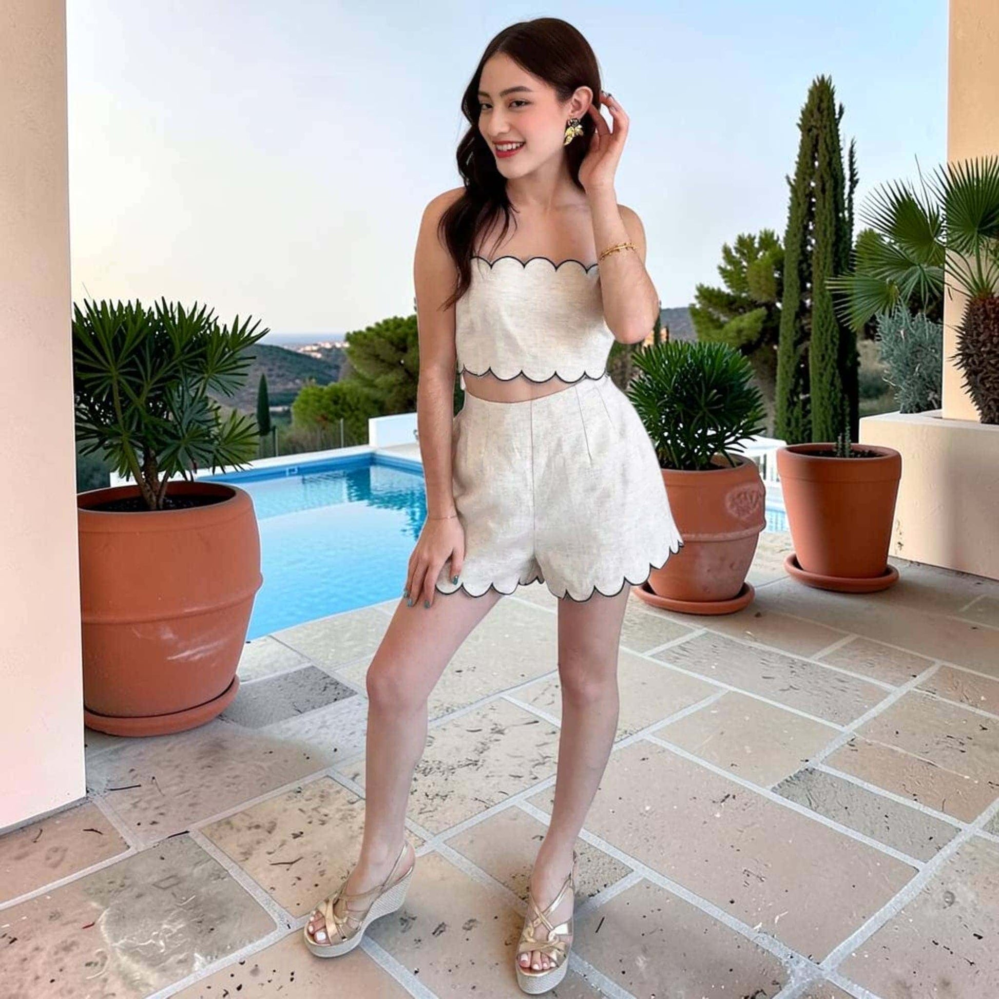Scalloped Linen Shorts Set, Contrast Piping Crop Top And High Waisted Shorts 