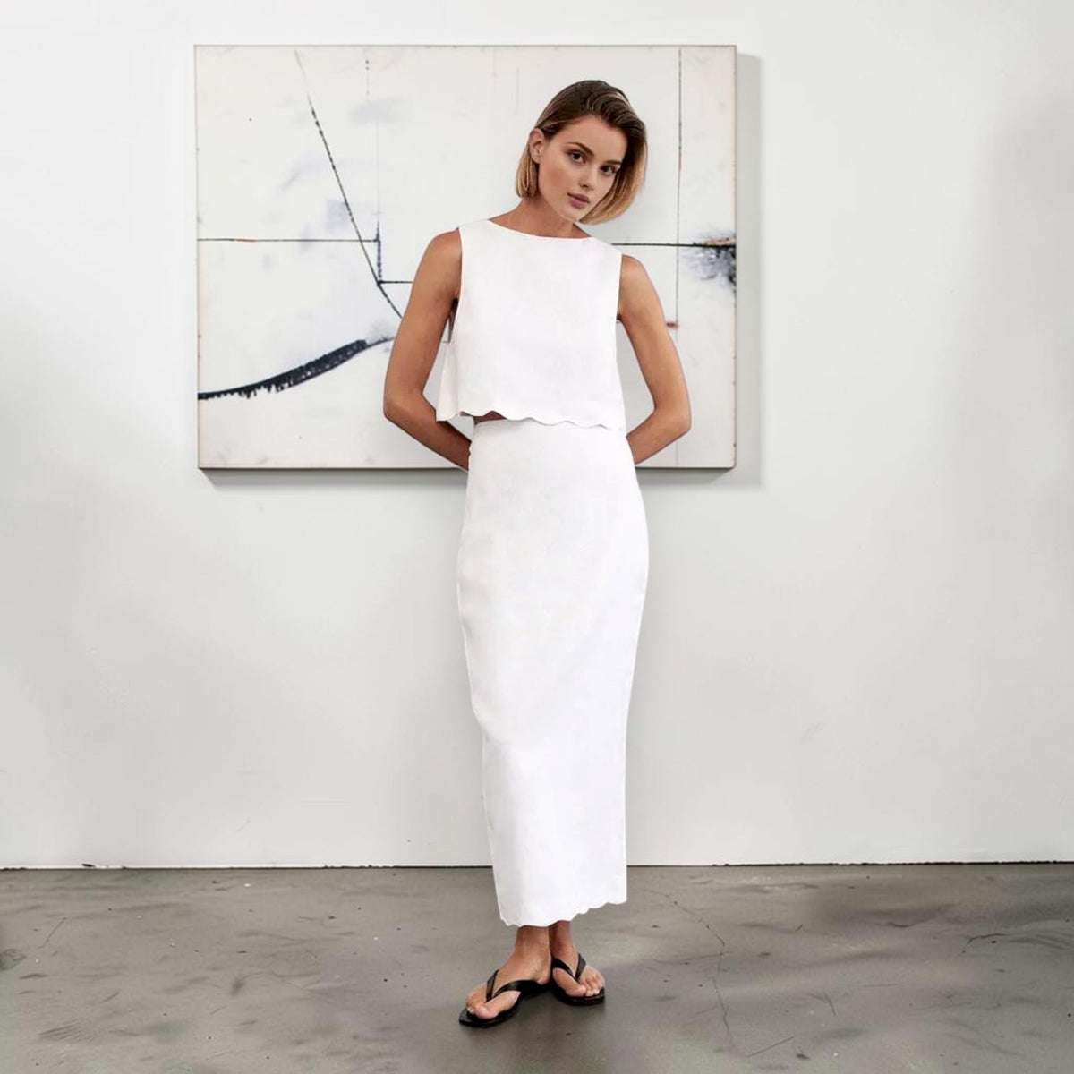 Scalloped Sleeveless Linen Top, High Neck Cropped