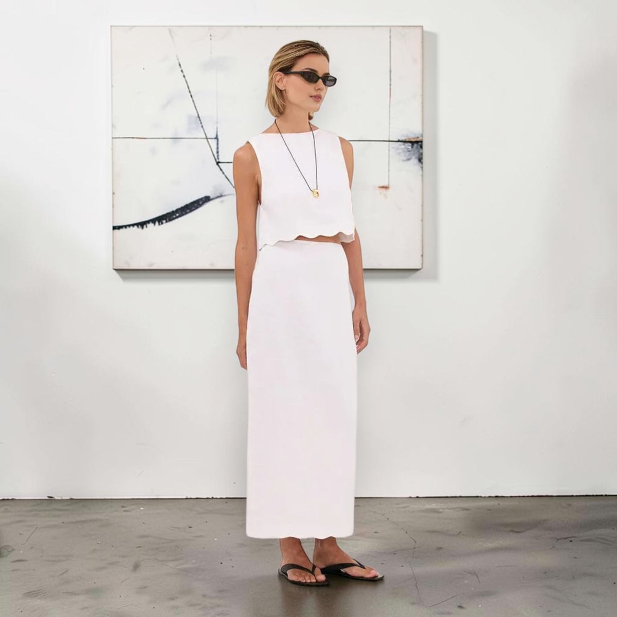 Scalloped Sleeveless Linen Top, High Neck Cropped