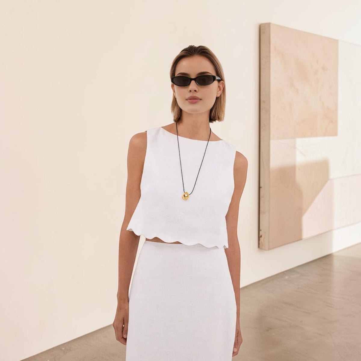 Scalloped Sleeveless Linen Top, High Neck Cropped