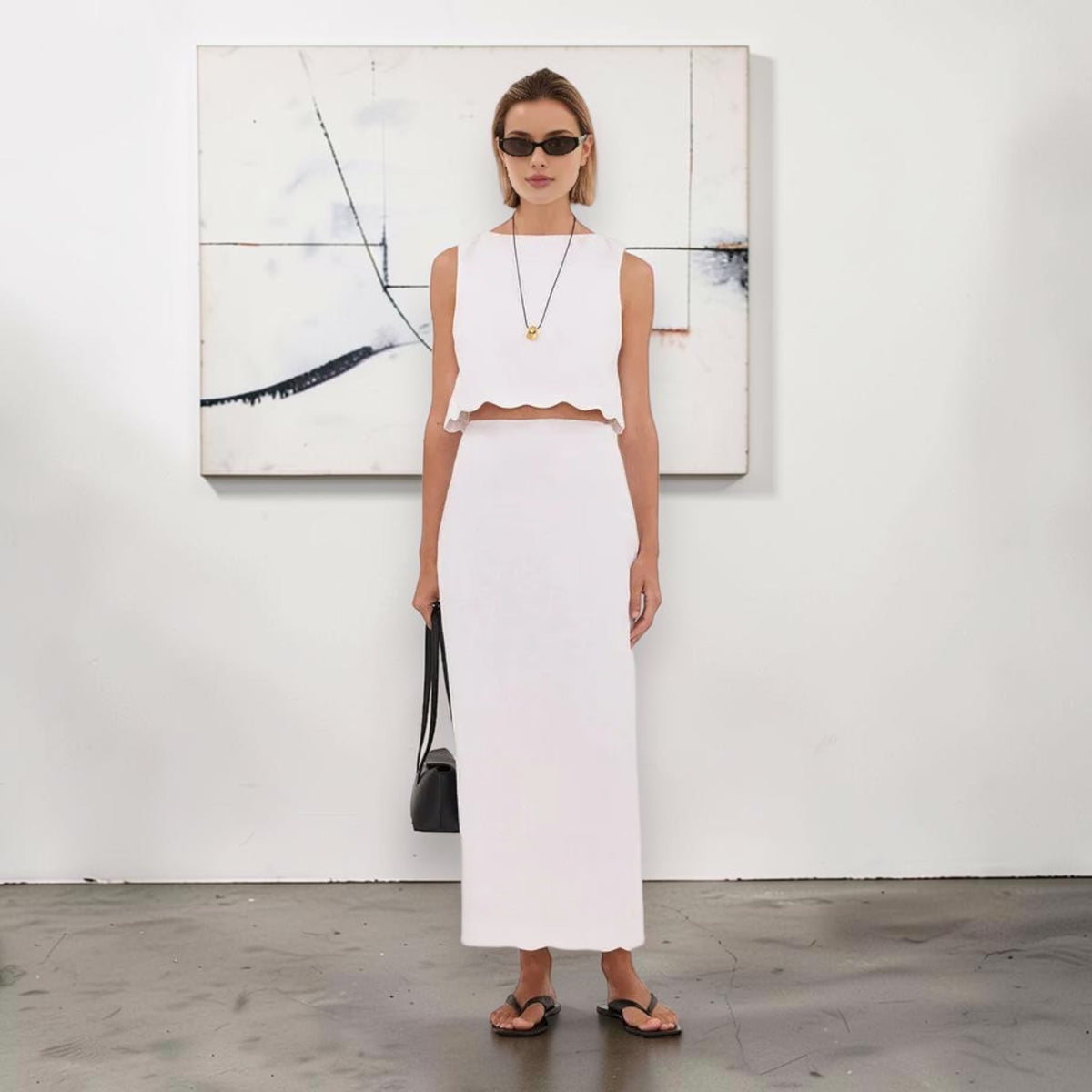 Scalloped Sleeveless Linen Top, High Neck Cropped