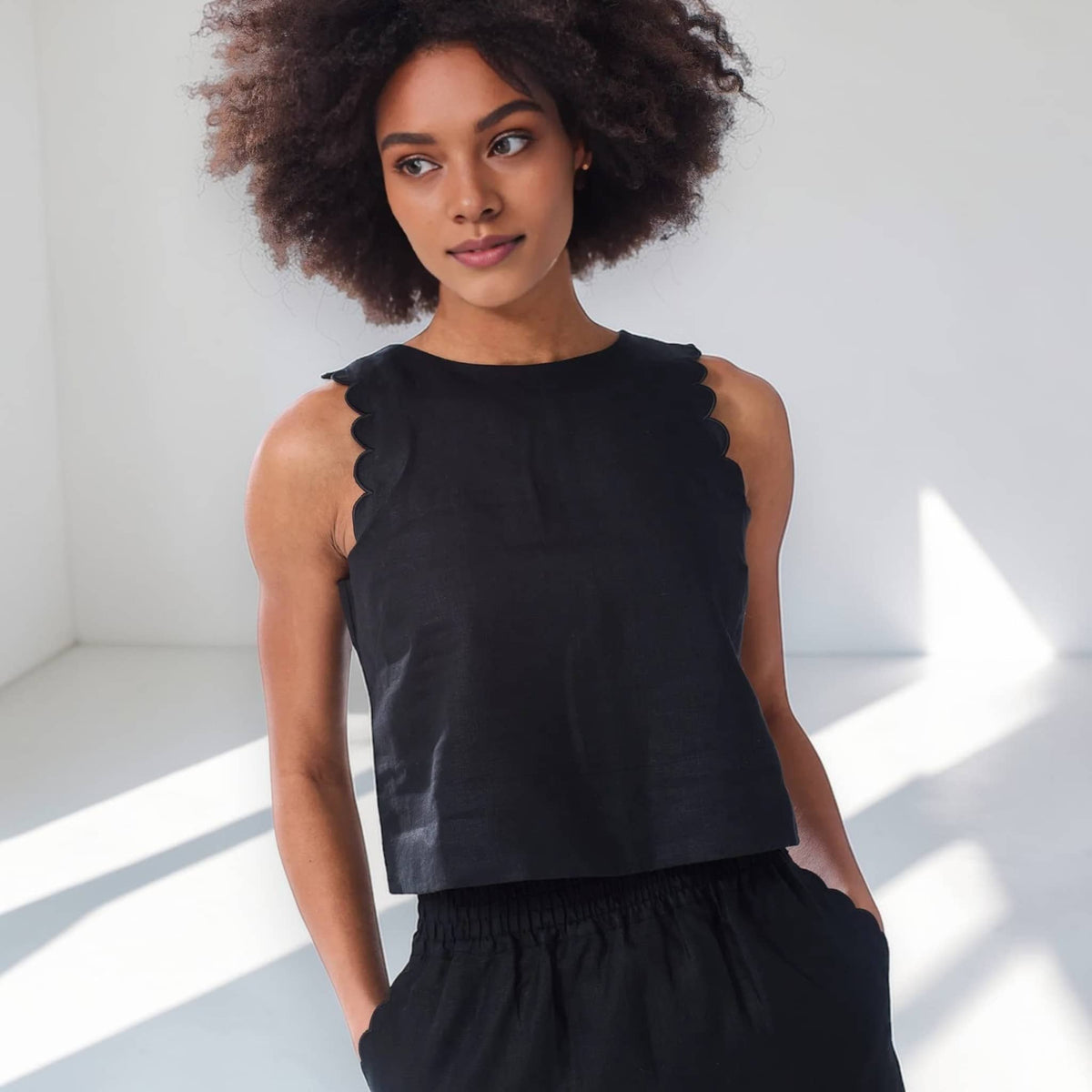 Scalloped Tank Top, Sleeveless Linen Top