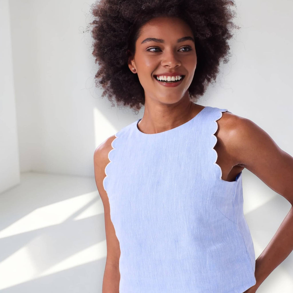 Scalloped Tank Top, Sleeveless Linen Top