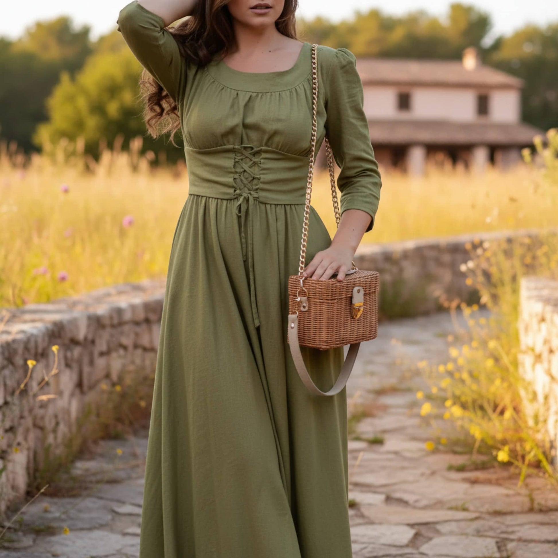 Scoop Neck Linen Maxi Dress, Corset Maxi Dress