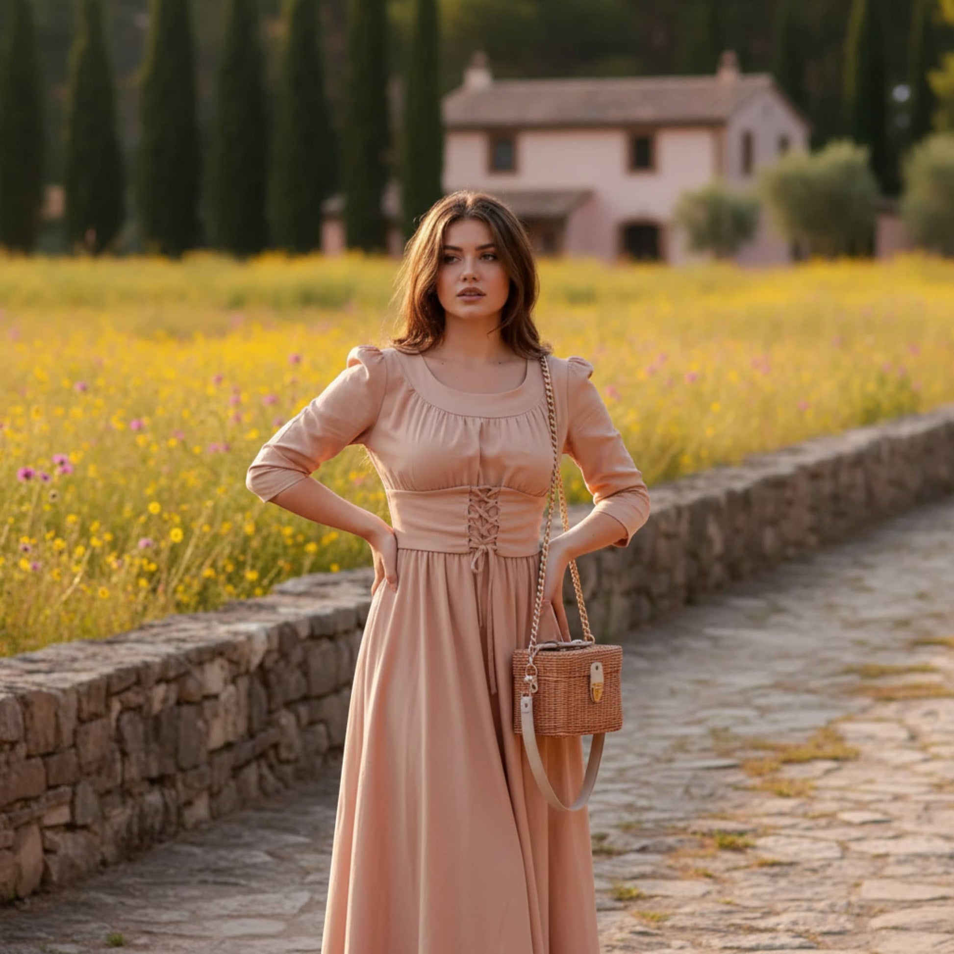 Scoop Neck Linen Maxi Dress, Corset Maxi Dress