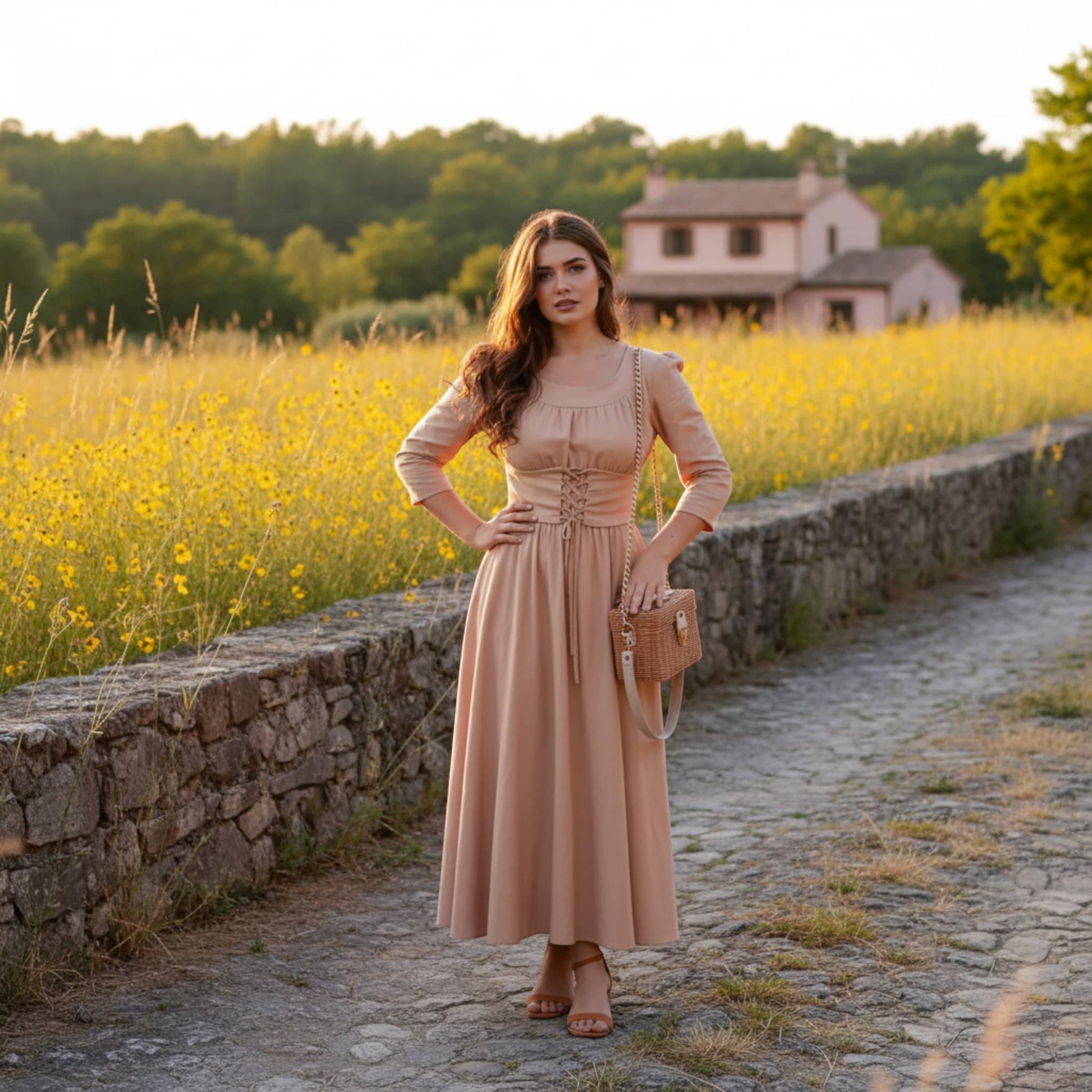 Scoop Neck Linen Maxi Dress, Corset Maxi Dress