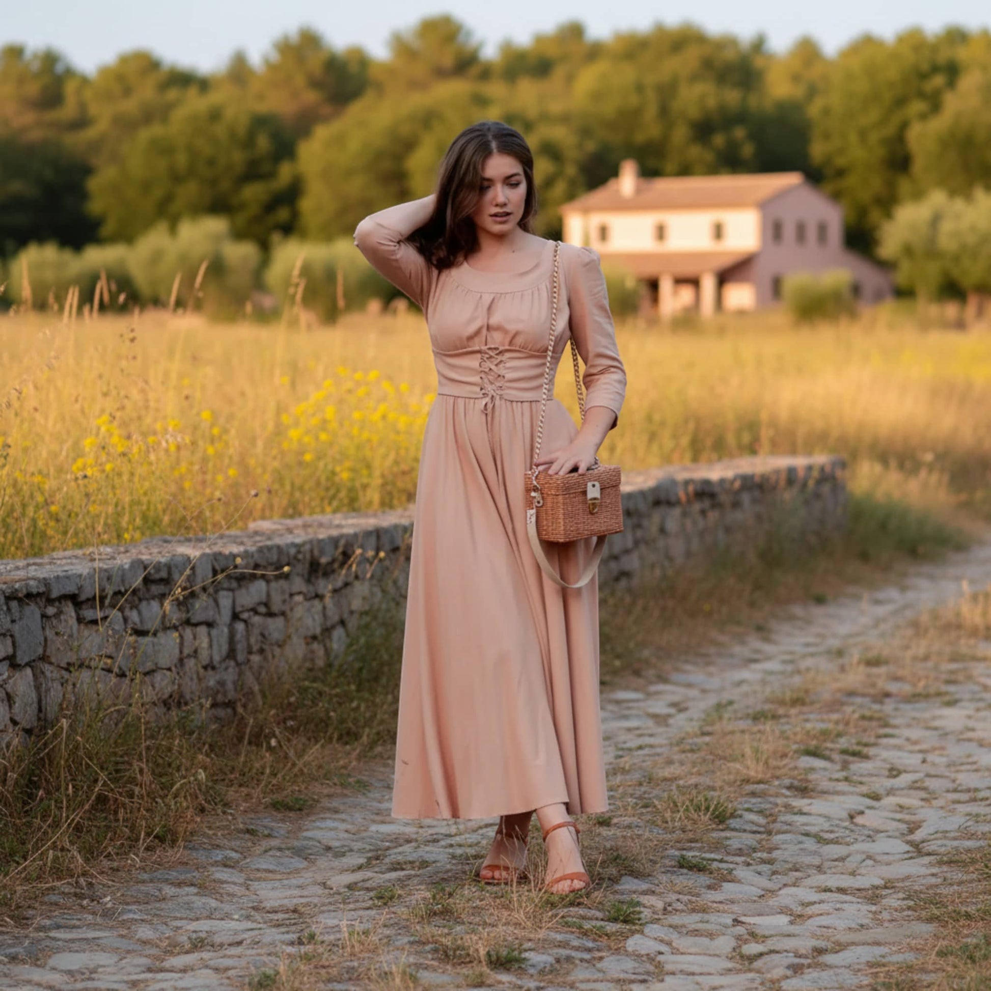 Scoop Neck Linen Maxi Dress, Corset Maxi Dress