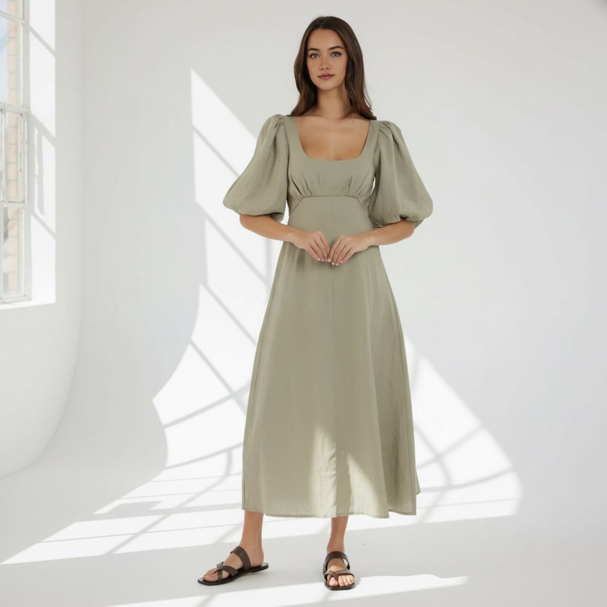 Scoop Neck Linen Maxi Dress, Puff Sleeve A Line Dress