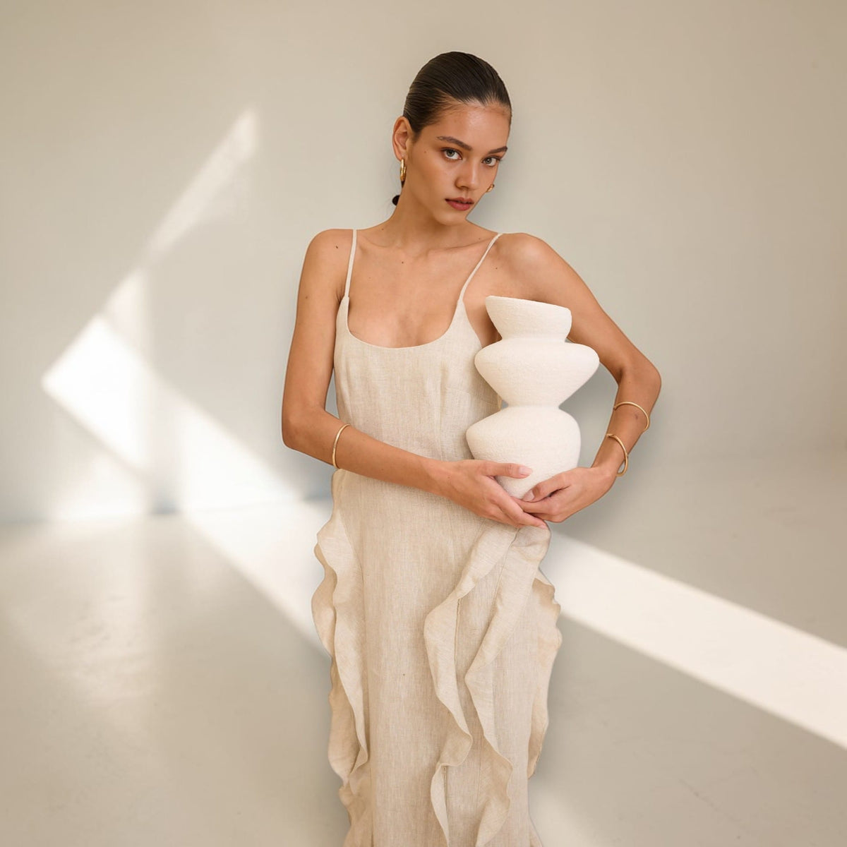 Scoop Neck Linen Maxi Dress, Ruffle Spaghetti Strap Dress
