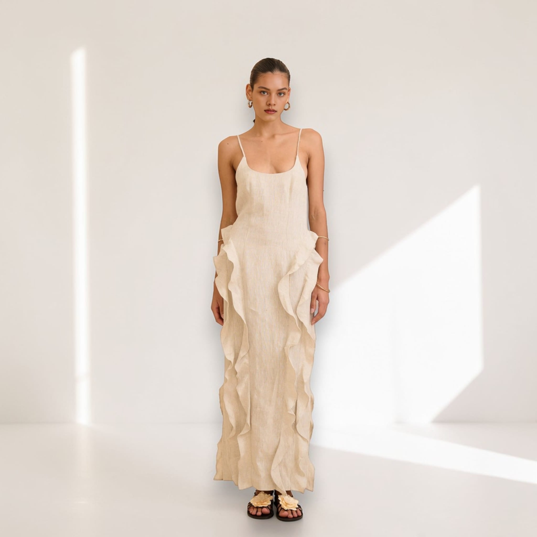 Scoop Neck Linen Maxi Dress, Ruffle Spaghetti Strap Dress