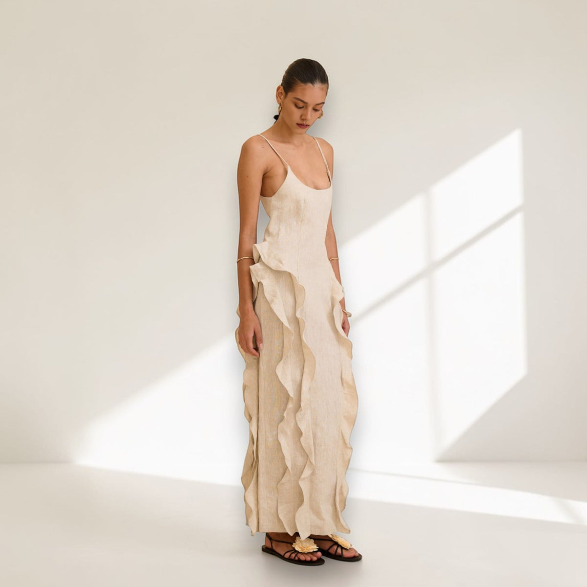 Scoop Neck Linen Maxi Dress, Ruffle Spaghetti Strap Dress