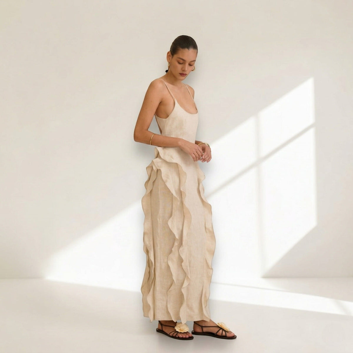 Scoop Neck Linen Maxi Dress, Ruffle Spaghetti Strap Dress
