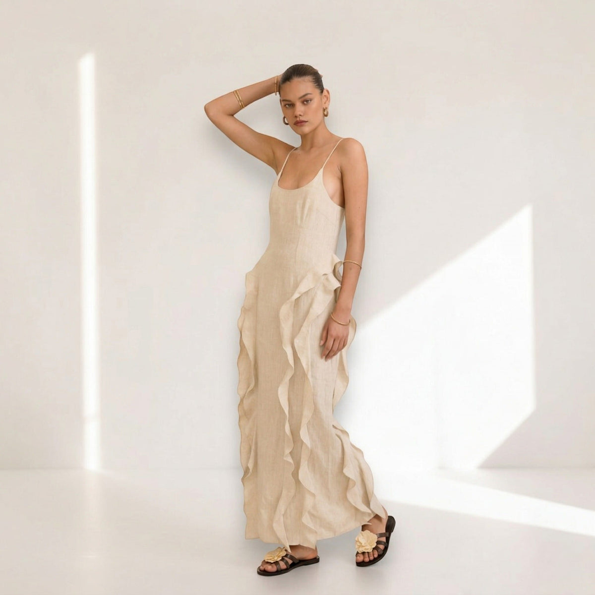 Scoop Neck Linen Maxi Dress, Ruffle Spaghetti Strap Dress