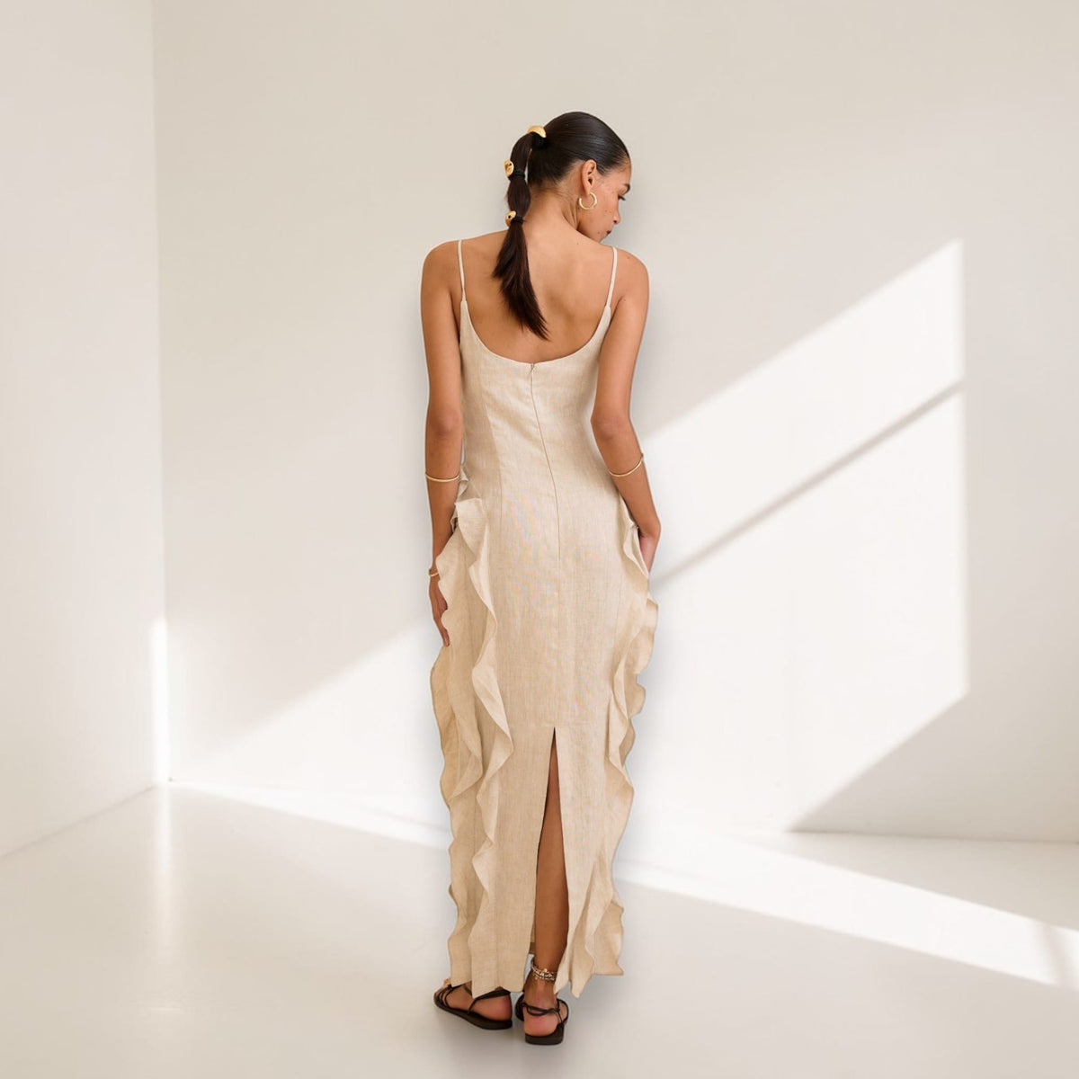 Scoop Neck Linen Maxi Dress, Ruffle Spaghetti Strap Dress