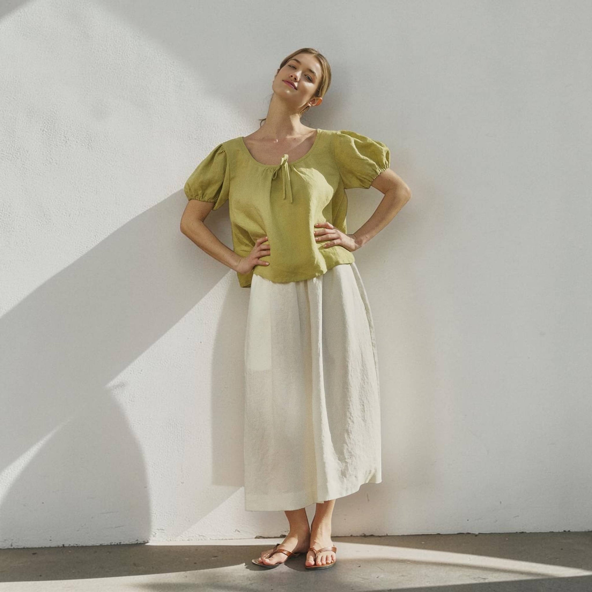Scoop Neck Linen Top, Puff Sleeve Tie Front