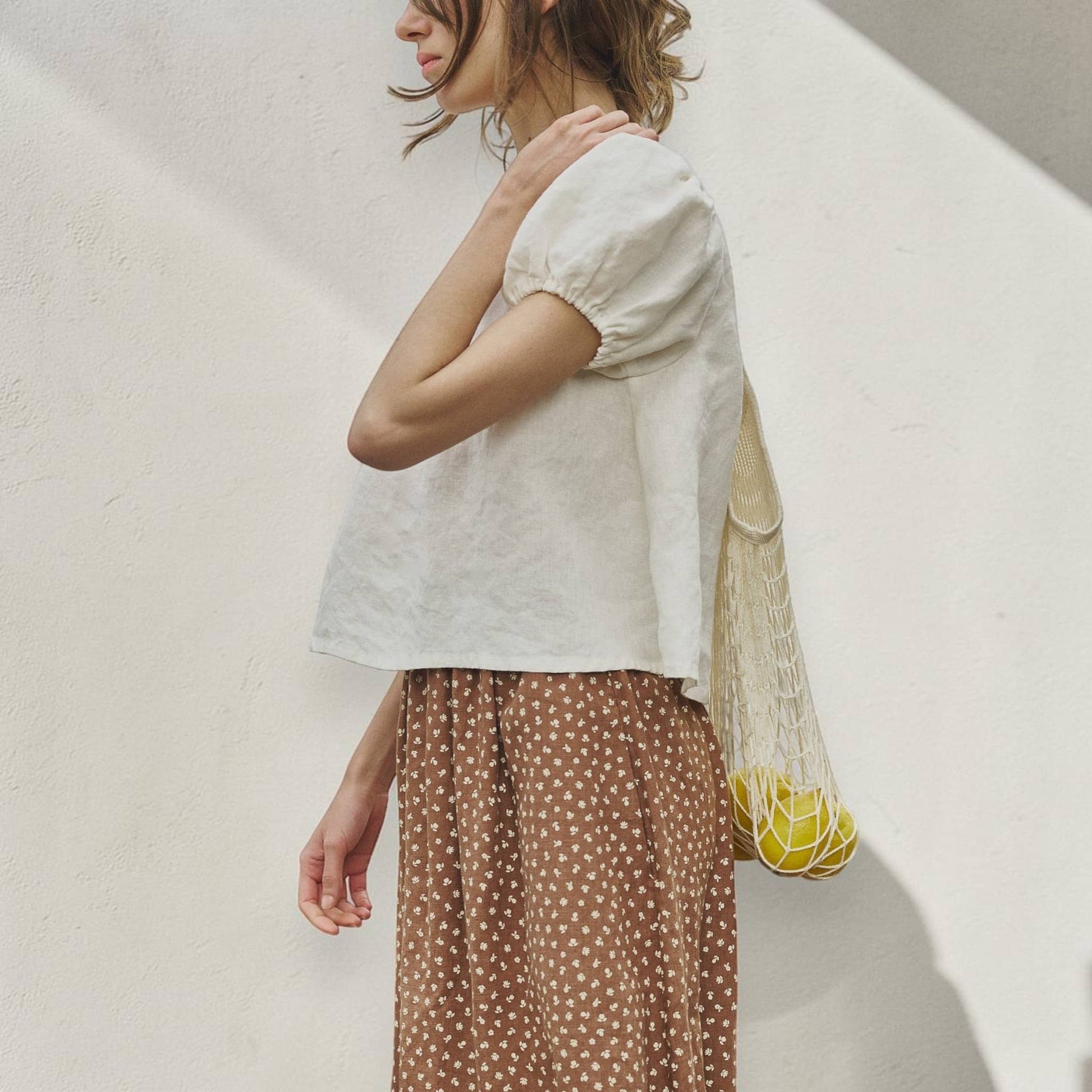 Scoop Neck Linen Top, Puff Sleeve Tie Front