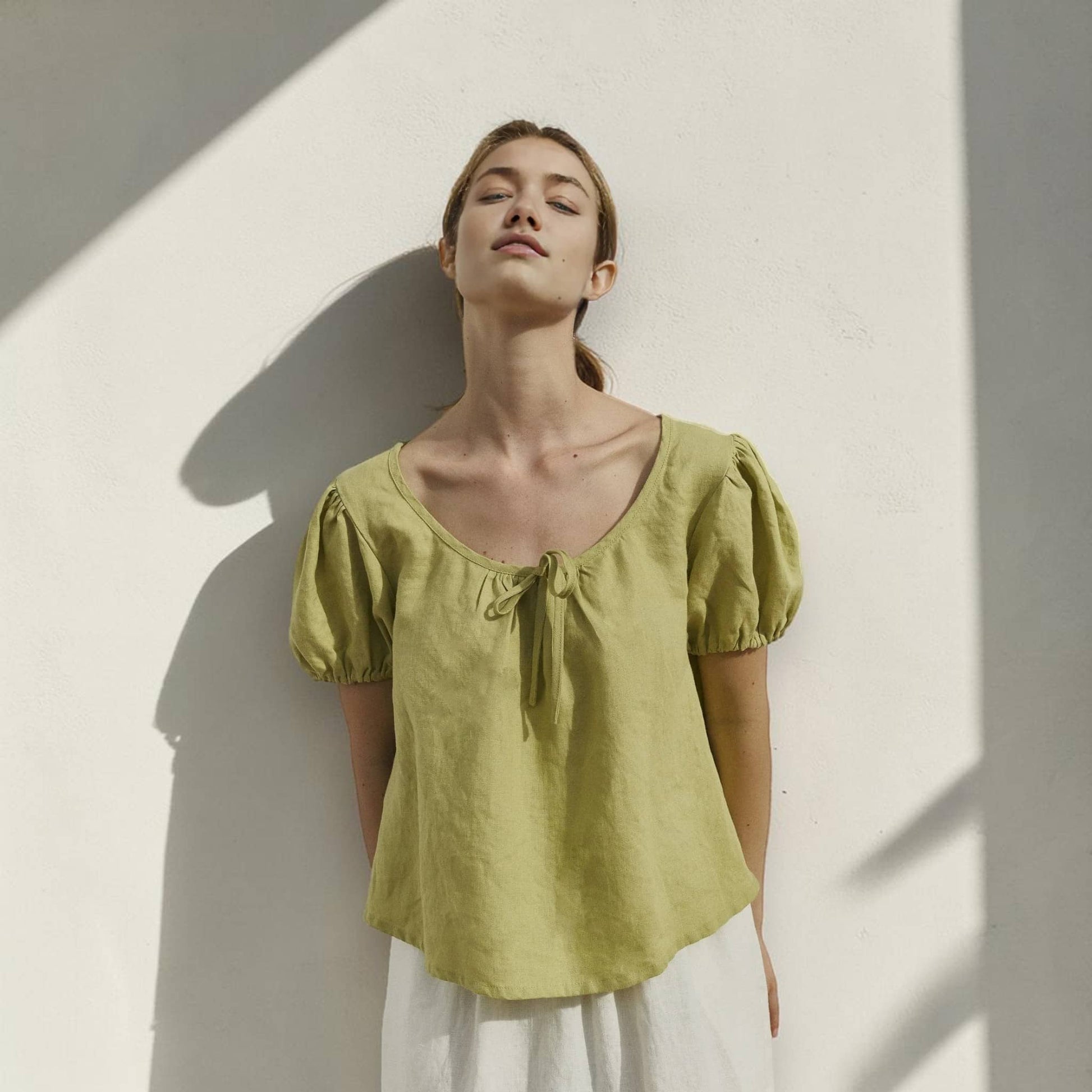 Scoop Neck Linen Top, Puff Sleeve Tie Front