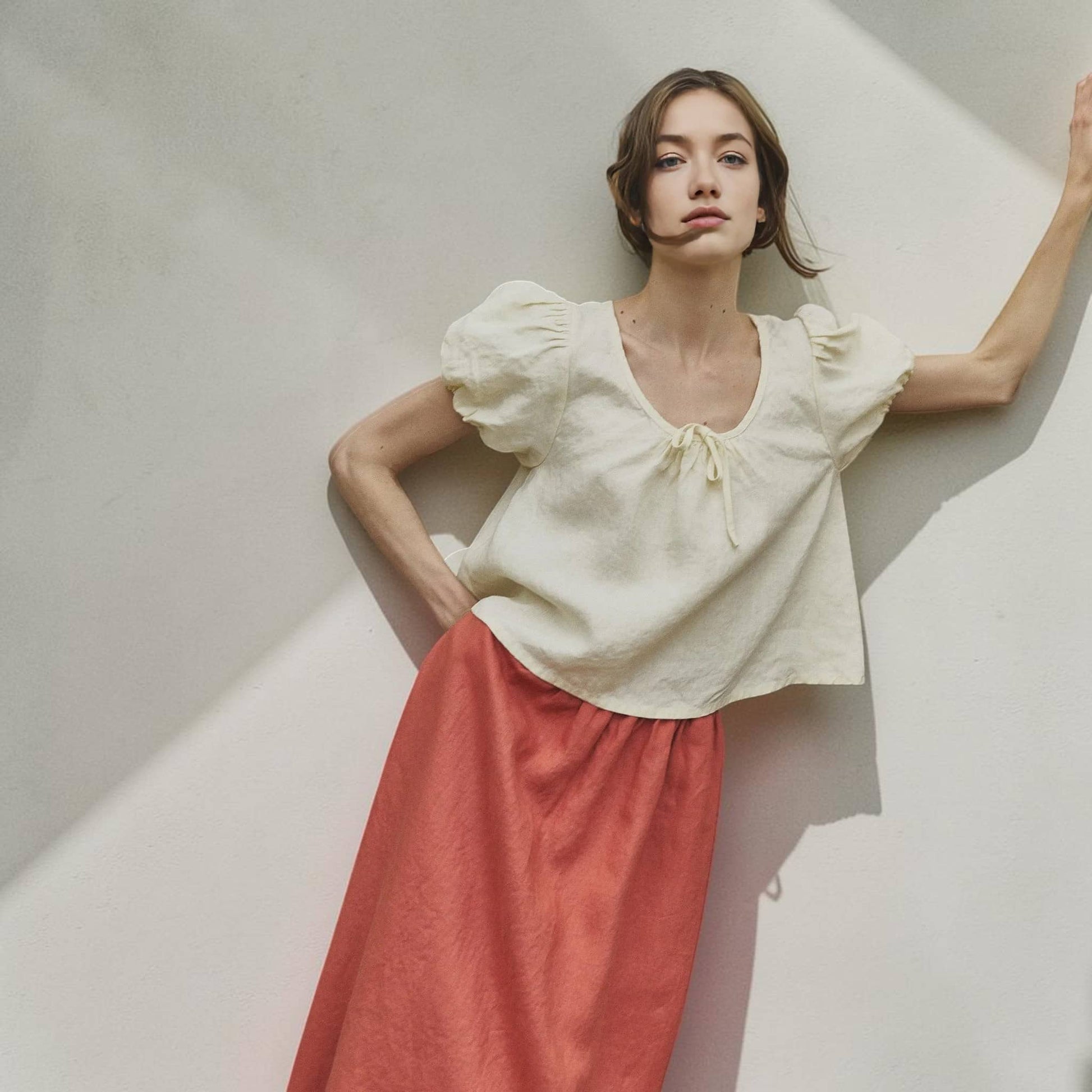 Scoop Neck Linen Top, Puff Sleeve Tie Front