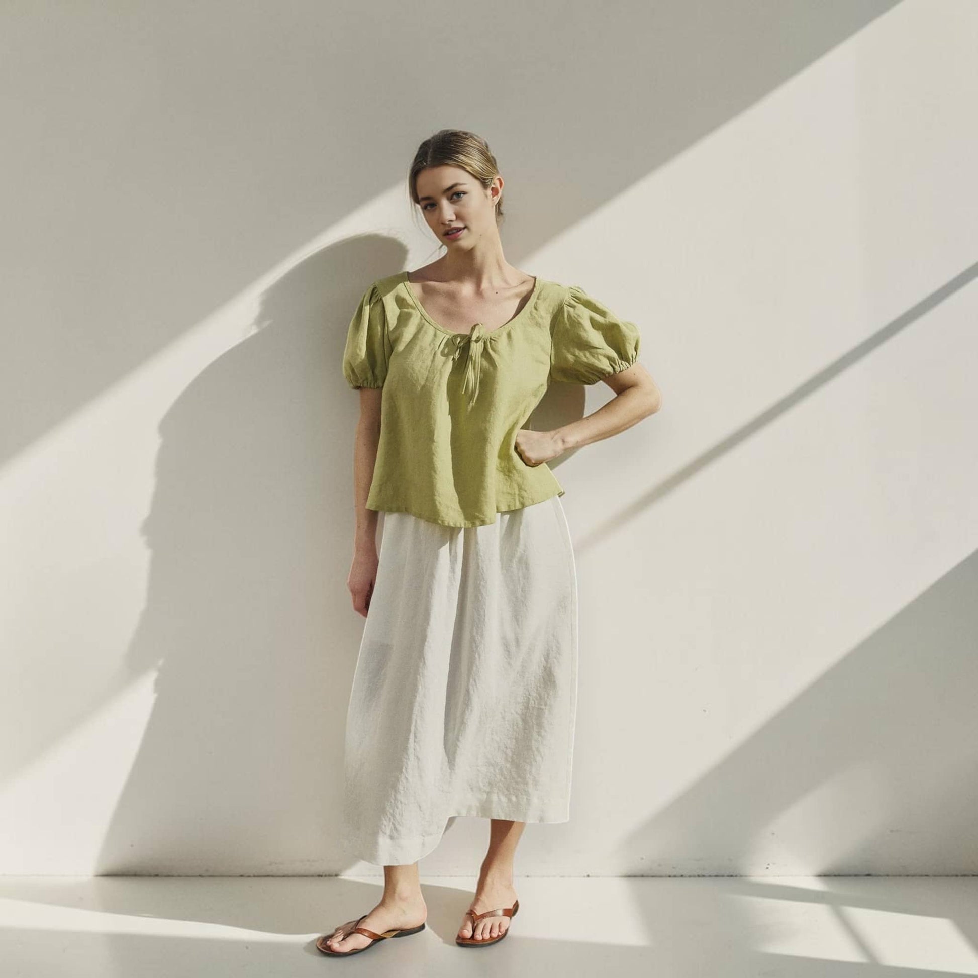 Scoop Neck Linen Top, Puff Sleeve Tie Front