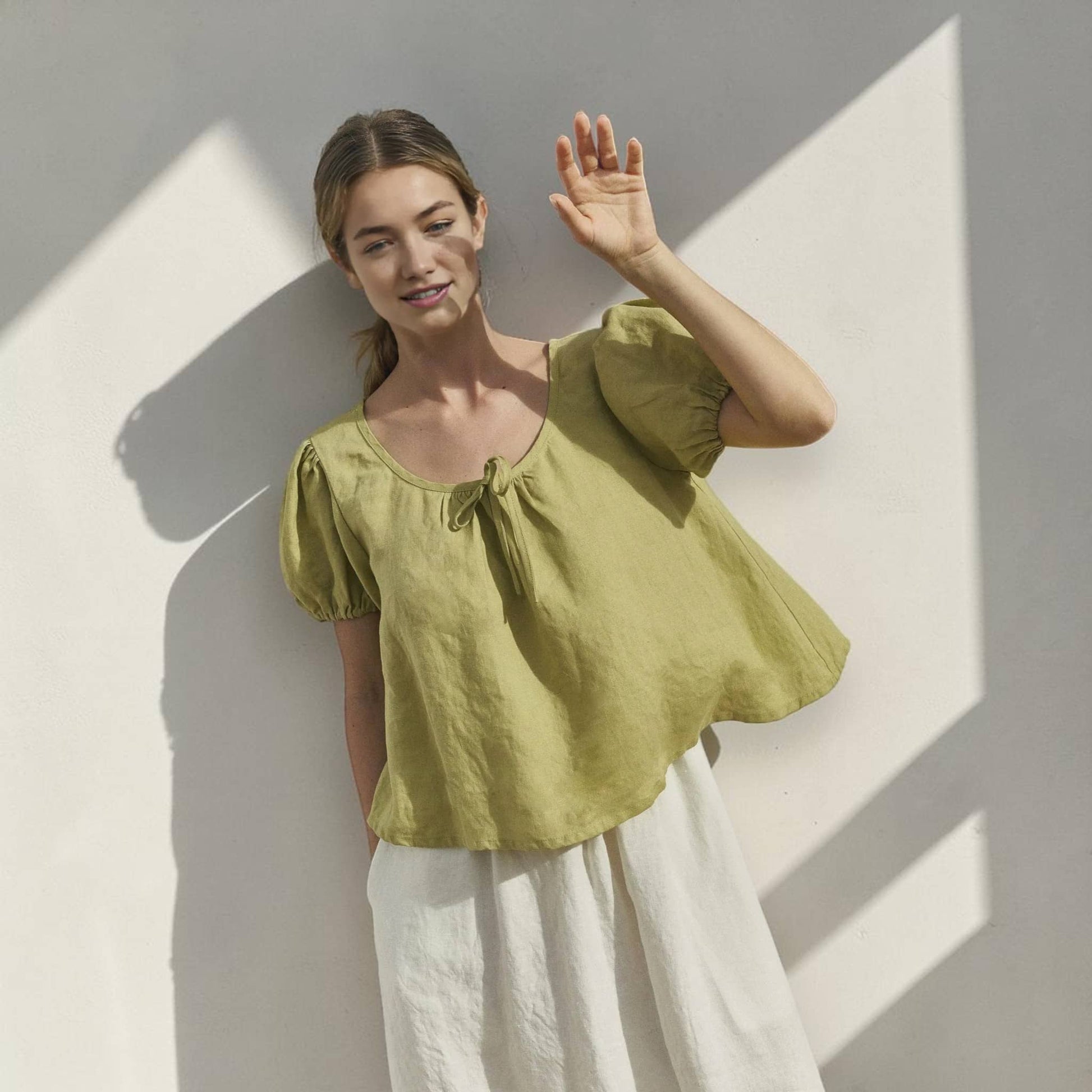 Scoop Neck Linen Top, Puff Sleeve Tie Front