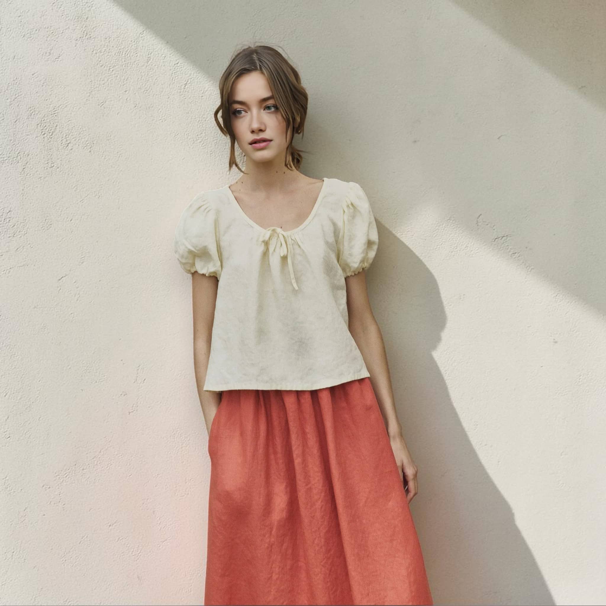 Scoop Neck Linen Top, Puff Sleeve Tie Front