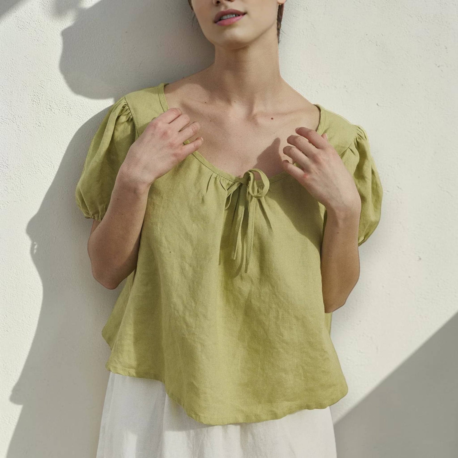 Scoop Neck Linen Top, Puff Sleeve Tie Front