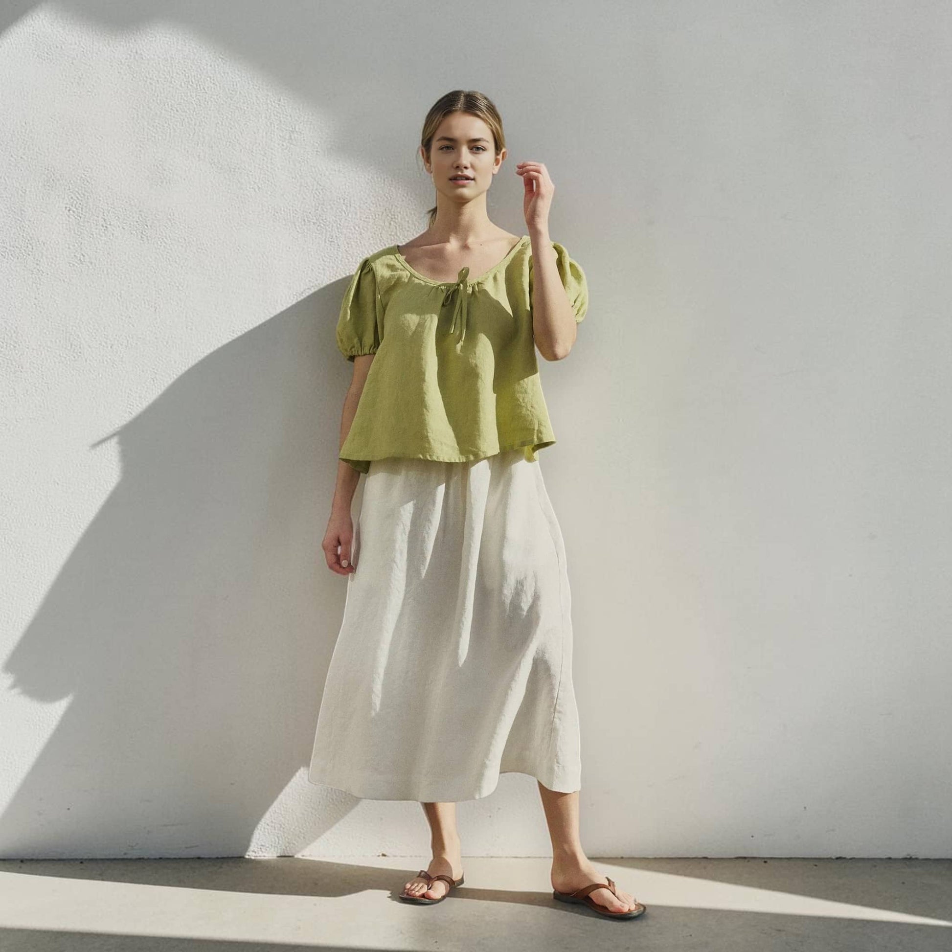 Scoop Neck Linen Top, Puff Sleeve Tie Front
