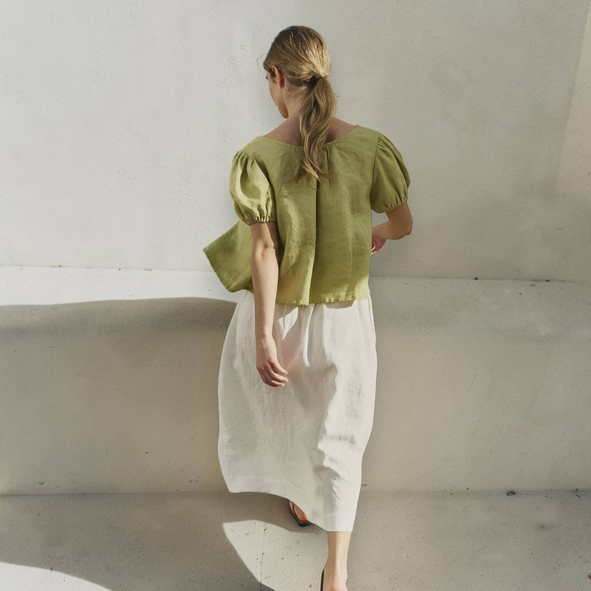 Scoop Neck Linen Top, Puff Sleeve Tie Front