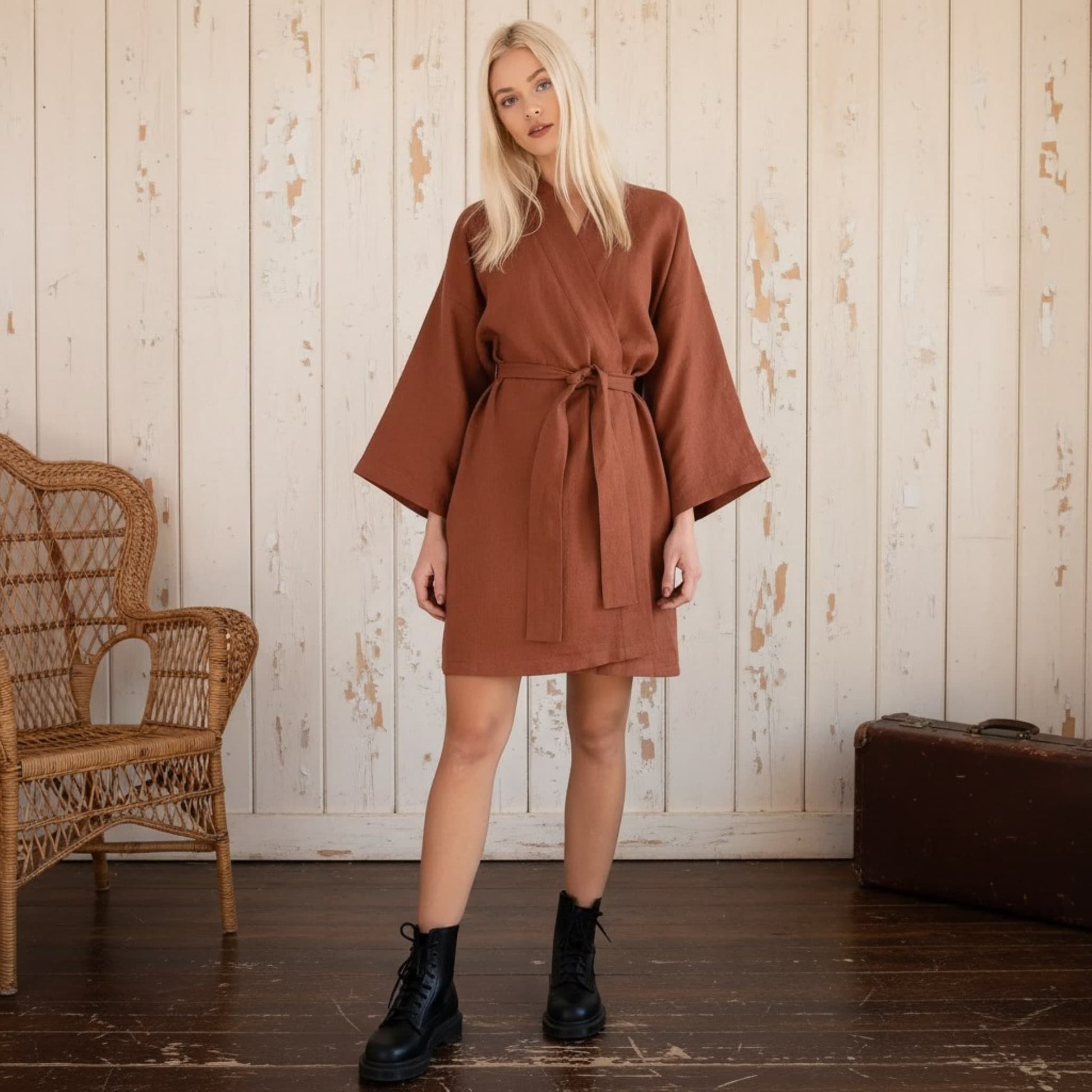 Short Linen Kimono Robe, Linen Robe Womens