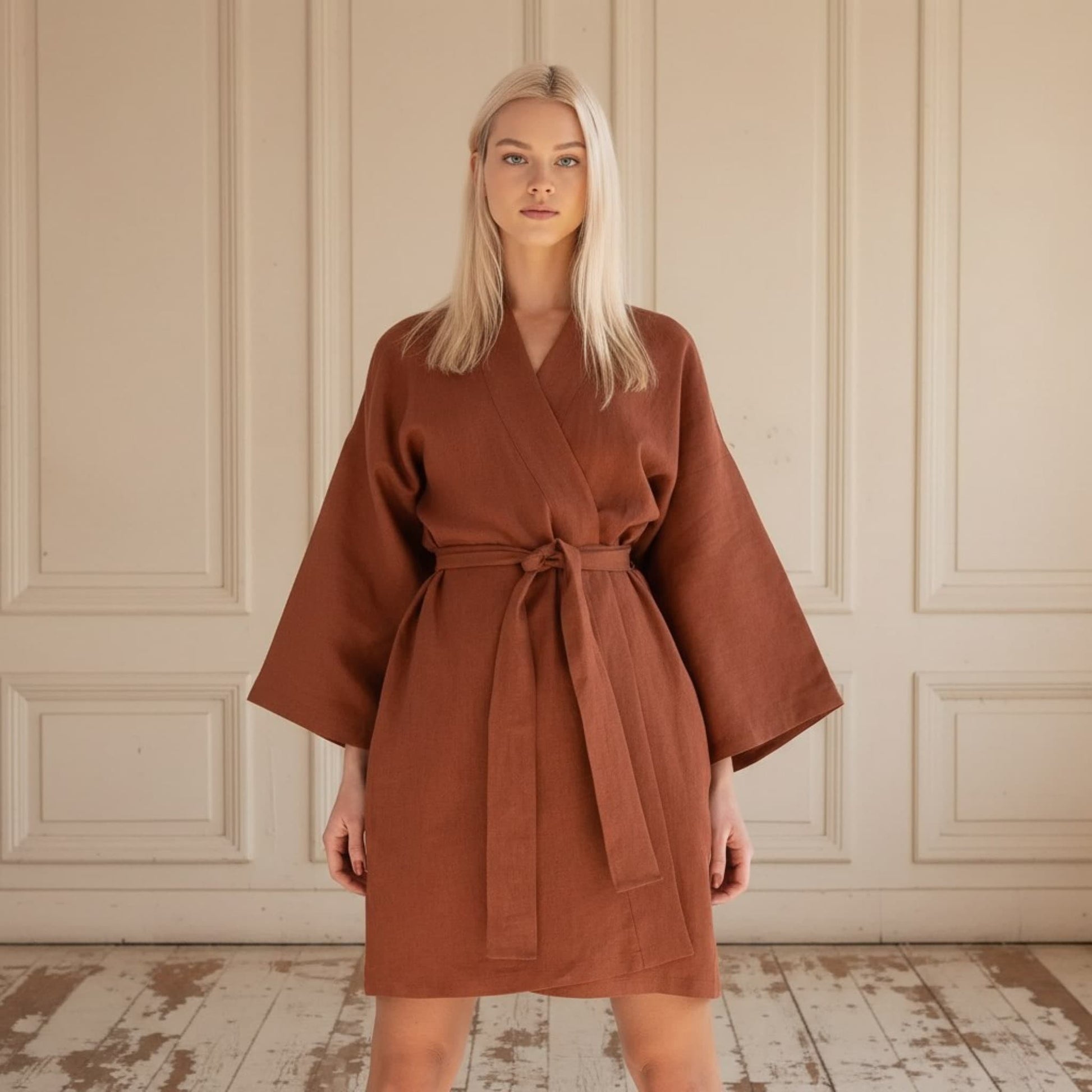 Short Linen Kimono Robe, Linen Robe Womens