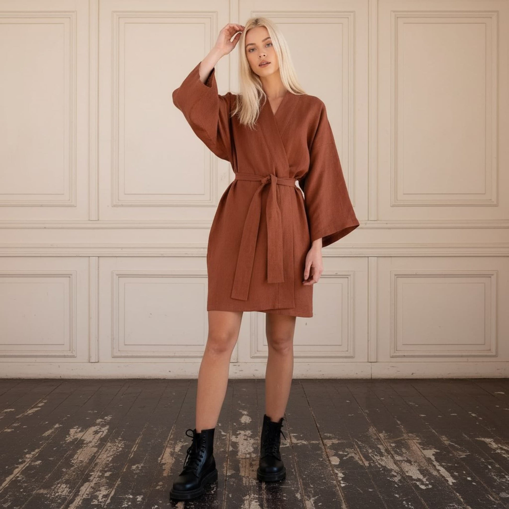 Short Linen Kimono Robe, Linen Robe Womens