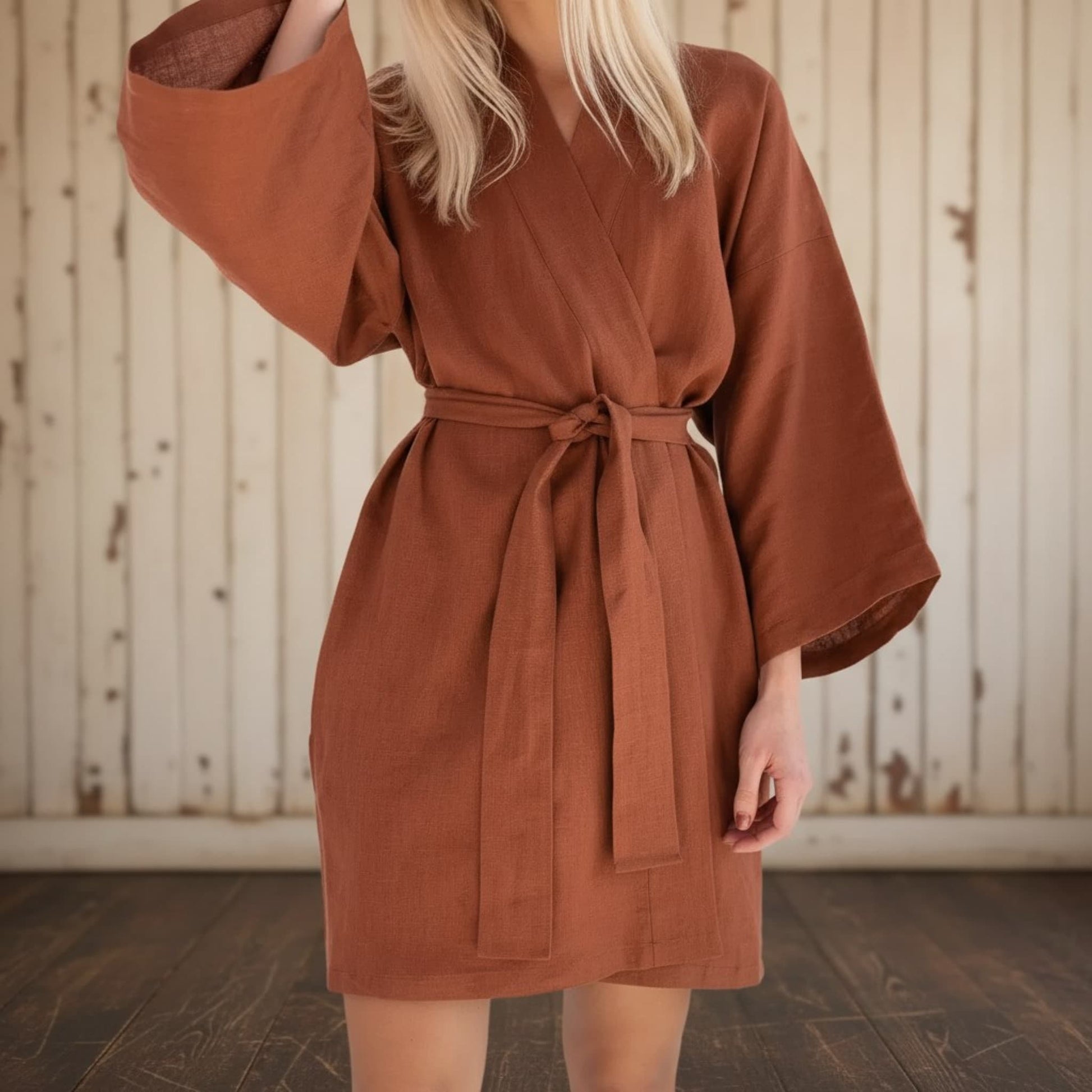Short Linen Kimono Robe, Linen Robe Womens