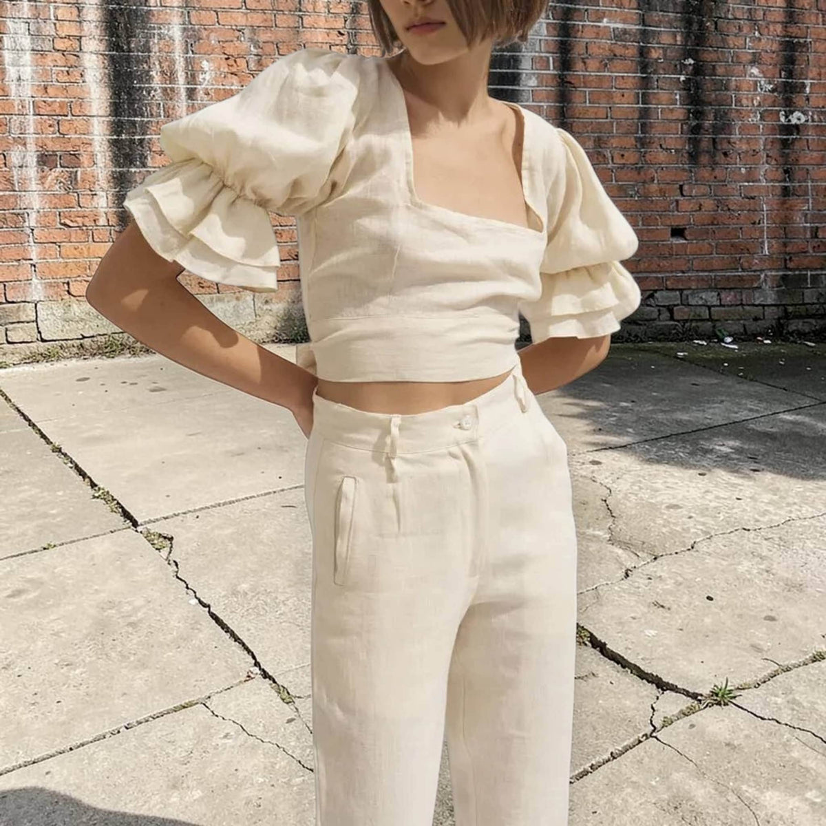 Short Puff Sleeve Linen Top, Tie Back Linen Crop Top