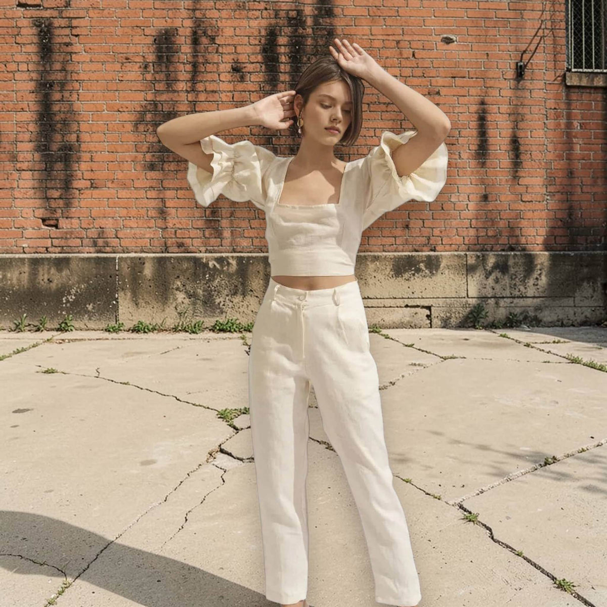 Short Puff Sleeve Linen Top, Tie Back Linen Crop Top