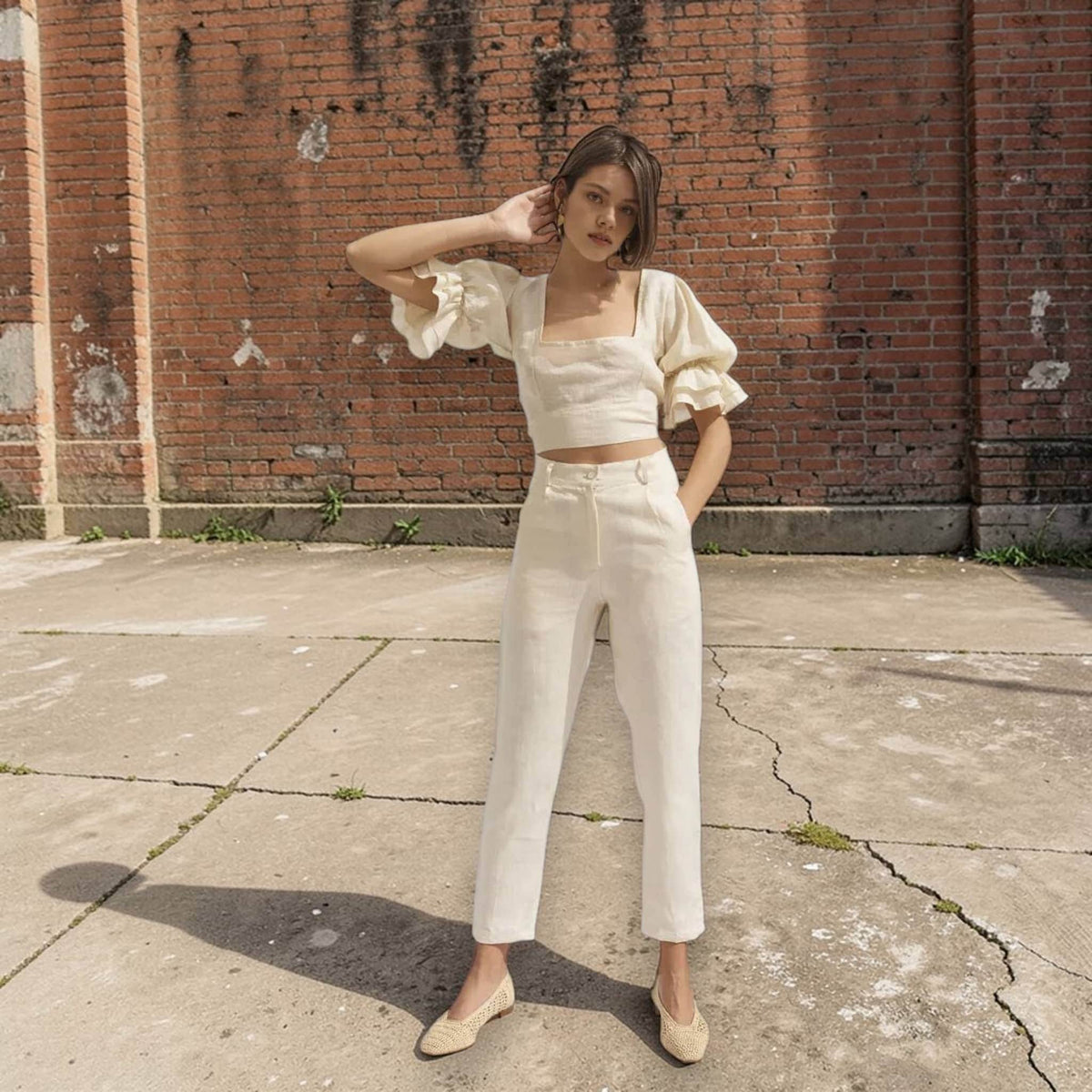 Short Puff Sleeve Linen Top, Tie Back Linen Crop Top