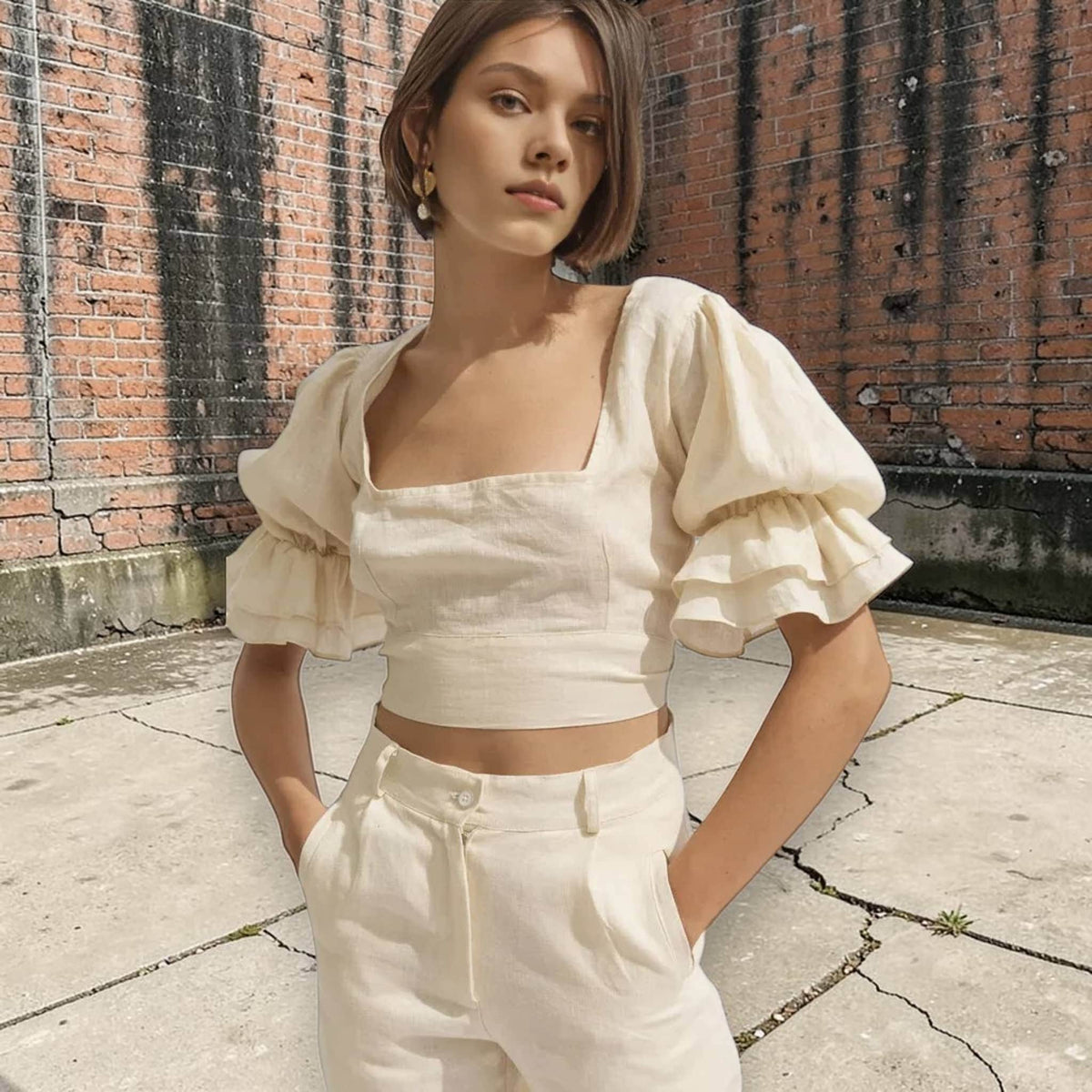 Short Puff Sleeve Linen Top, Tie Back Linen Crop Top