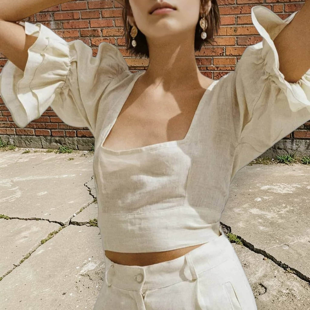 Short Puff Sleeve Linen Top, Tie Back Linen Crop Top